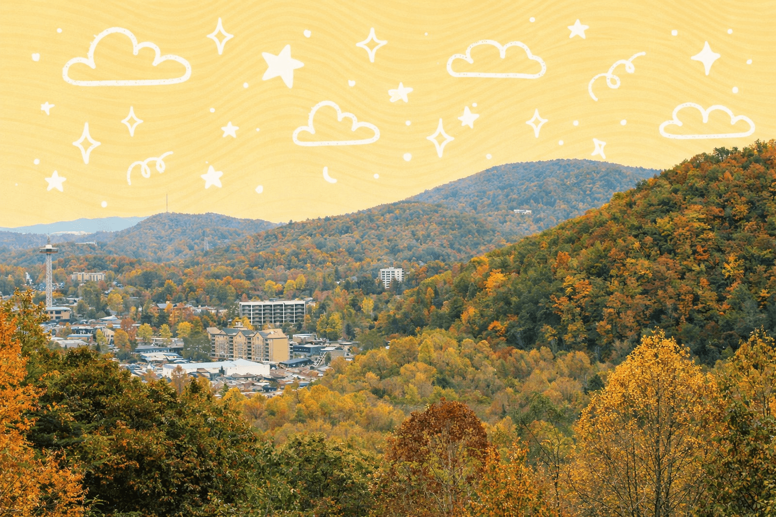 View of Gatlinburg, TN surrounded by colorful autumn foliage and mountains.