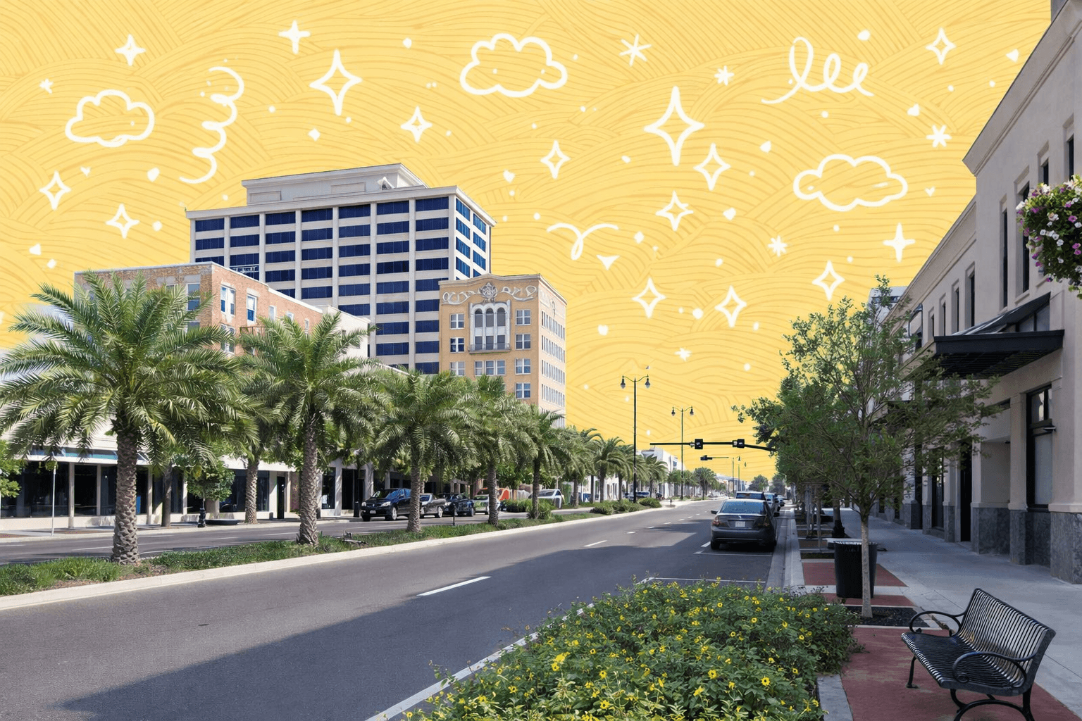 Scenic street view in Gulfport, MS with palm trees and city buildings on a sunny day.