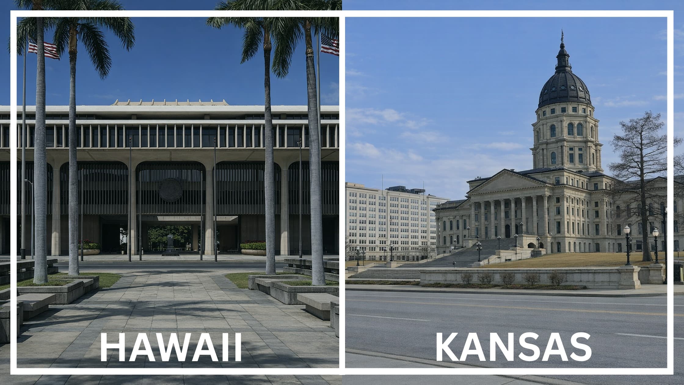 Comparing the state capitol buildings between Hawaii and Kansas.
