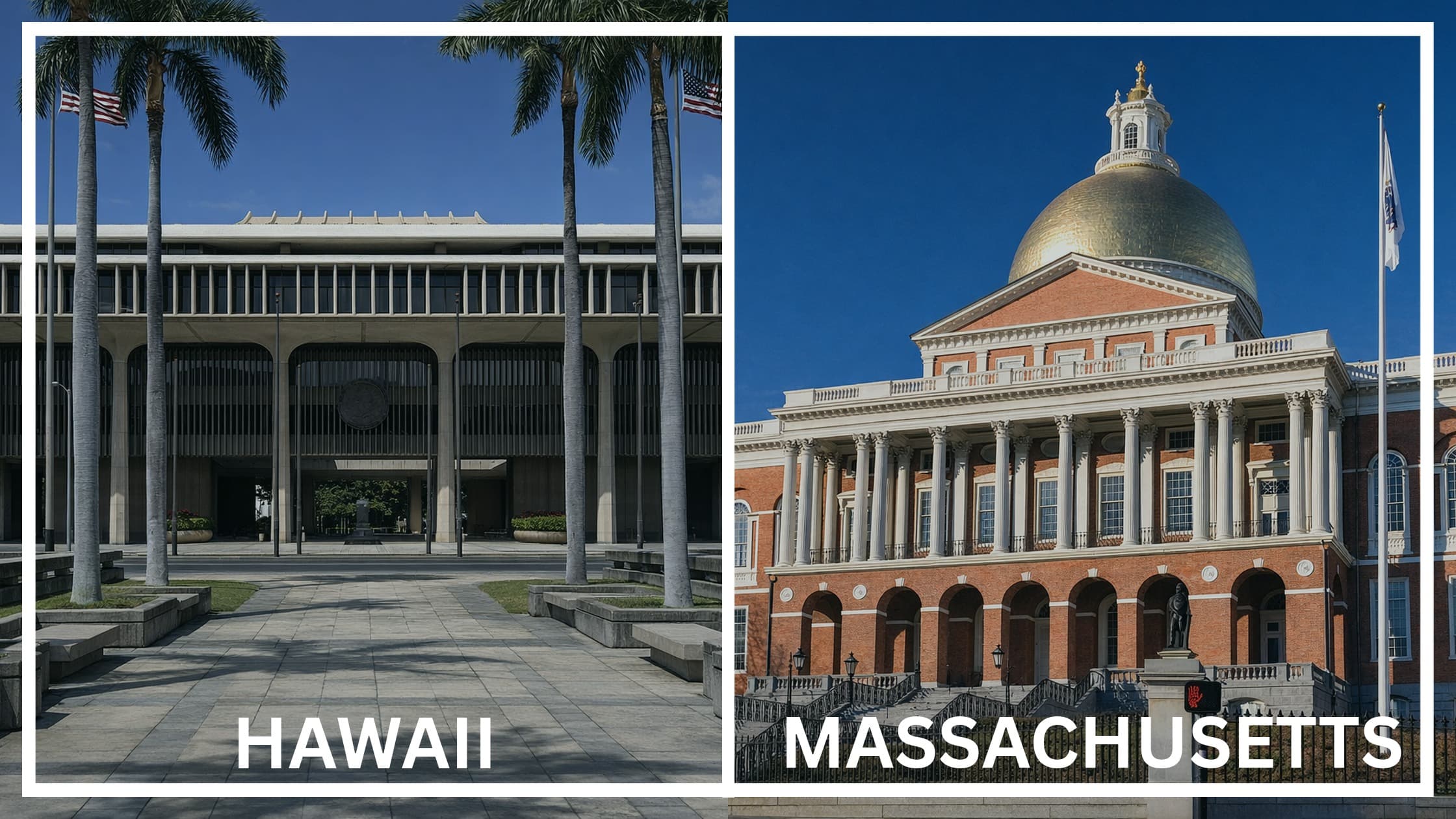 Comparing the state capitol buildings between Hawaii and Massachusetts.