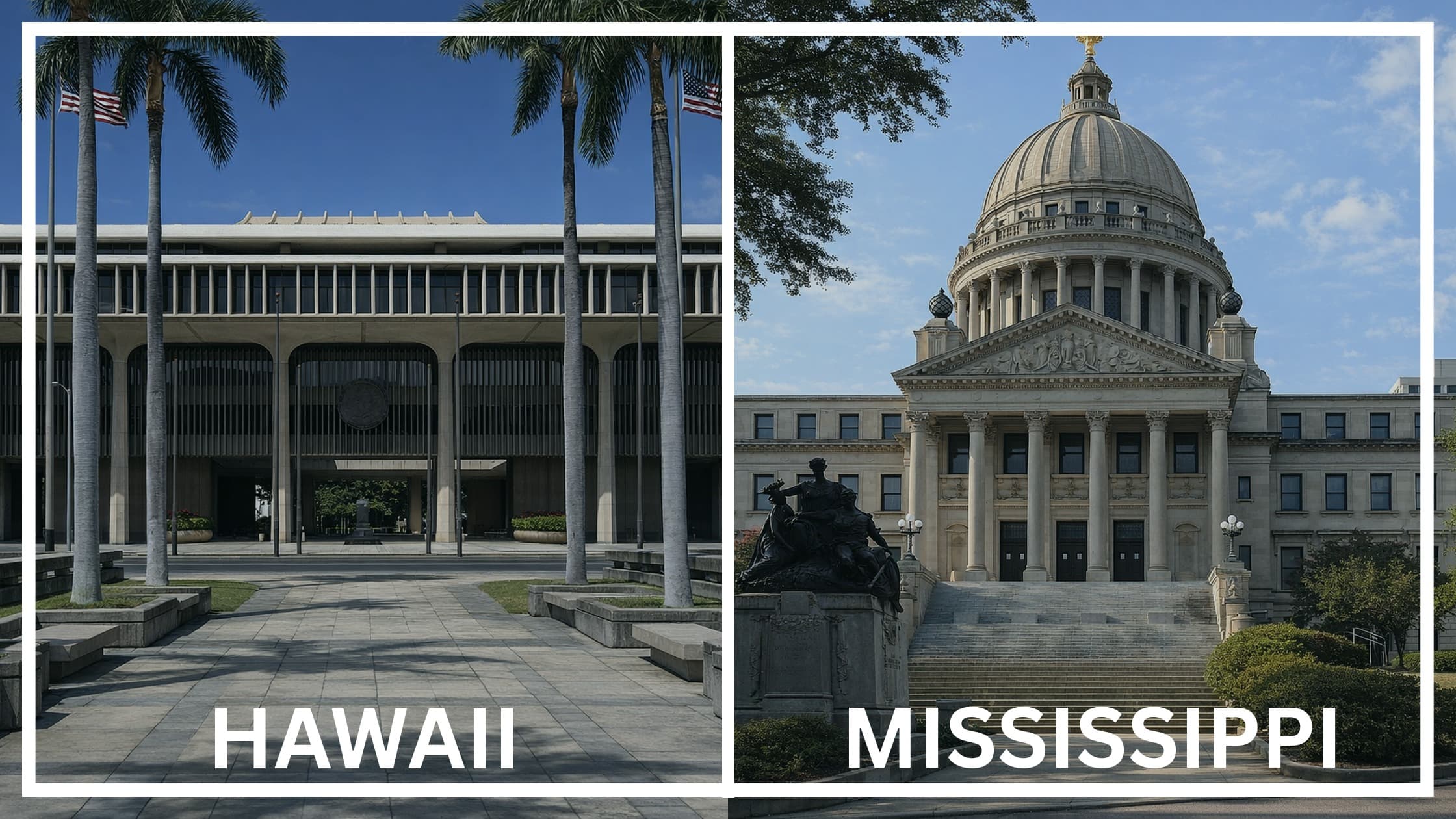 Comparing the state capitol buildings between Hawaii and Mississippi.