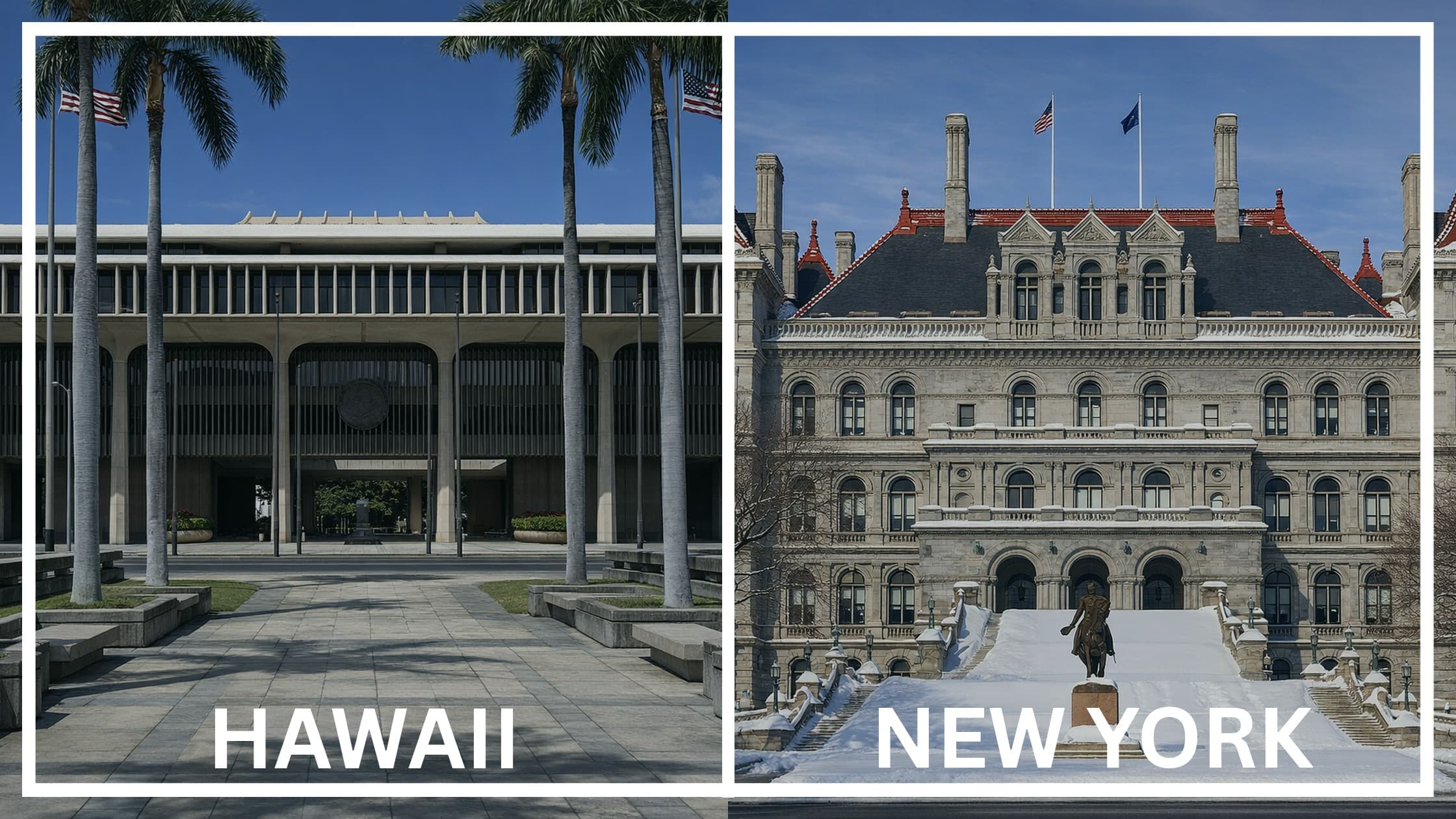 Comparing the state capitol buildings between Hawaii and New York.