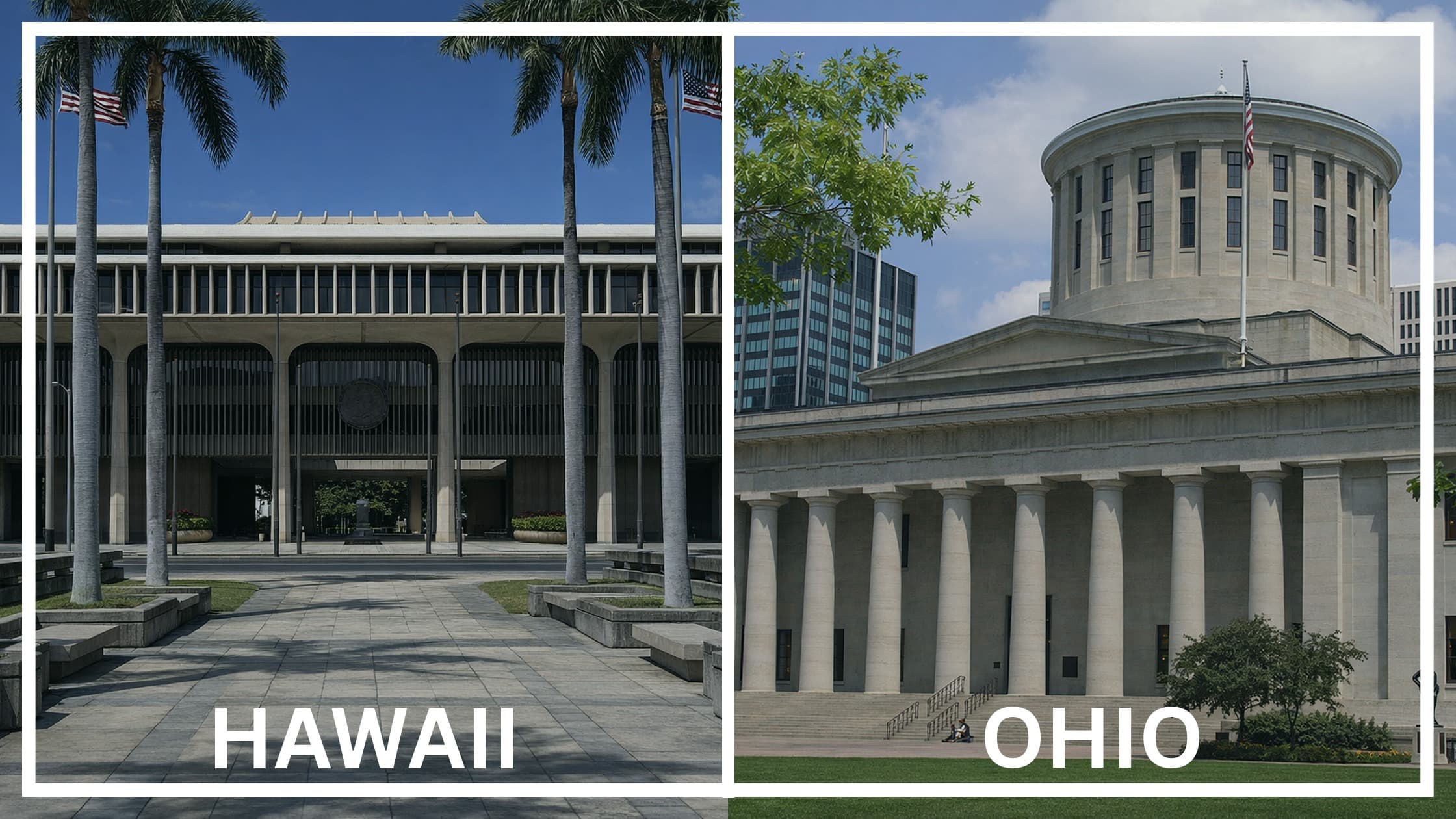Comparing the state capitol buildings between Hawaii and Ohio.