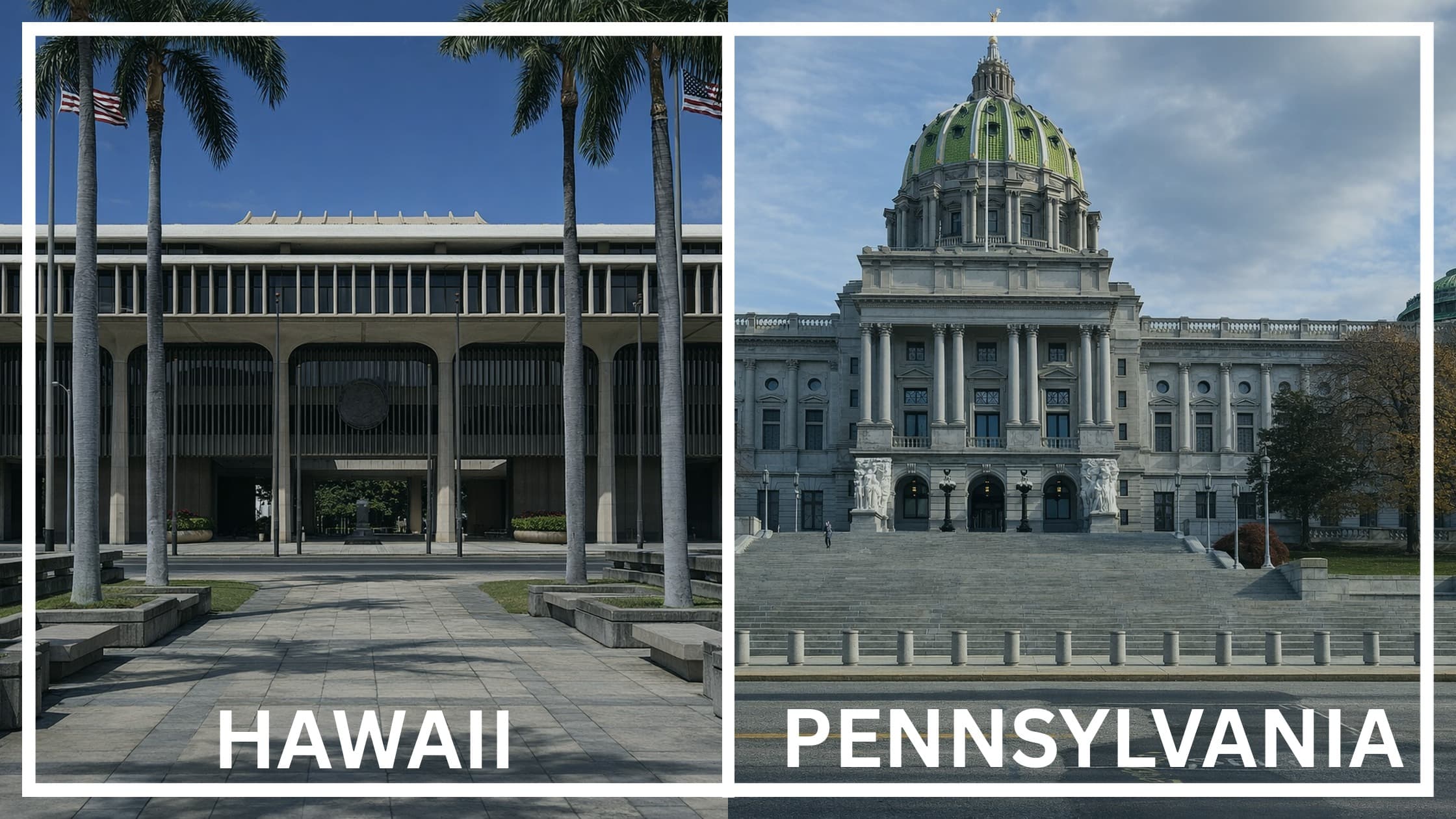 Comparing the state capitol buildings between Hawaii and Pennsylvania.
