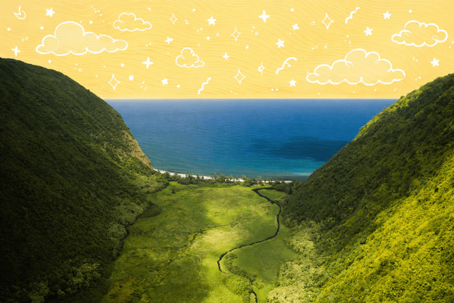 Waipi'o Valley on the Big Island of Hawaii with lush green cliffs, a winding valley floor, and a dramatic ocean horizon showcasing the natural landscape new residents experience when moving to Hawaii.