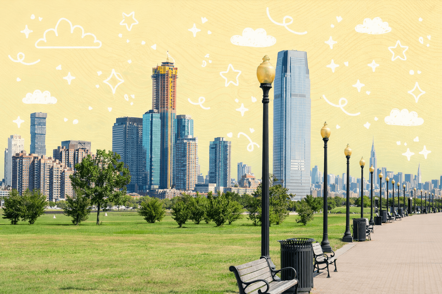 Jersey City skyline with a walkway, benches, and lush park greenery in the foreground.