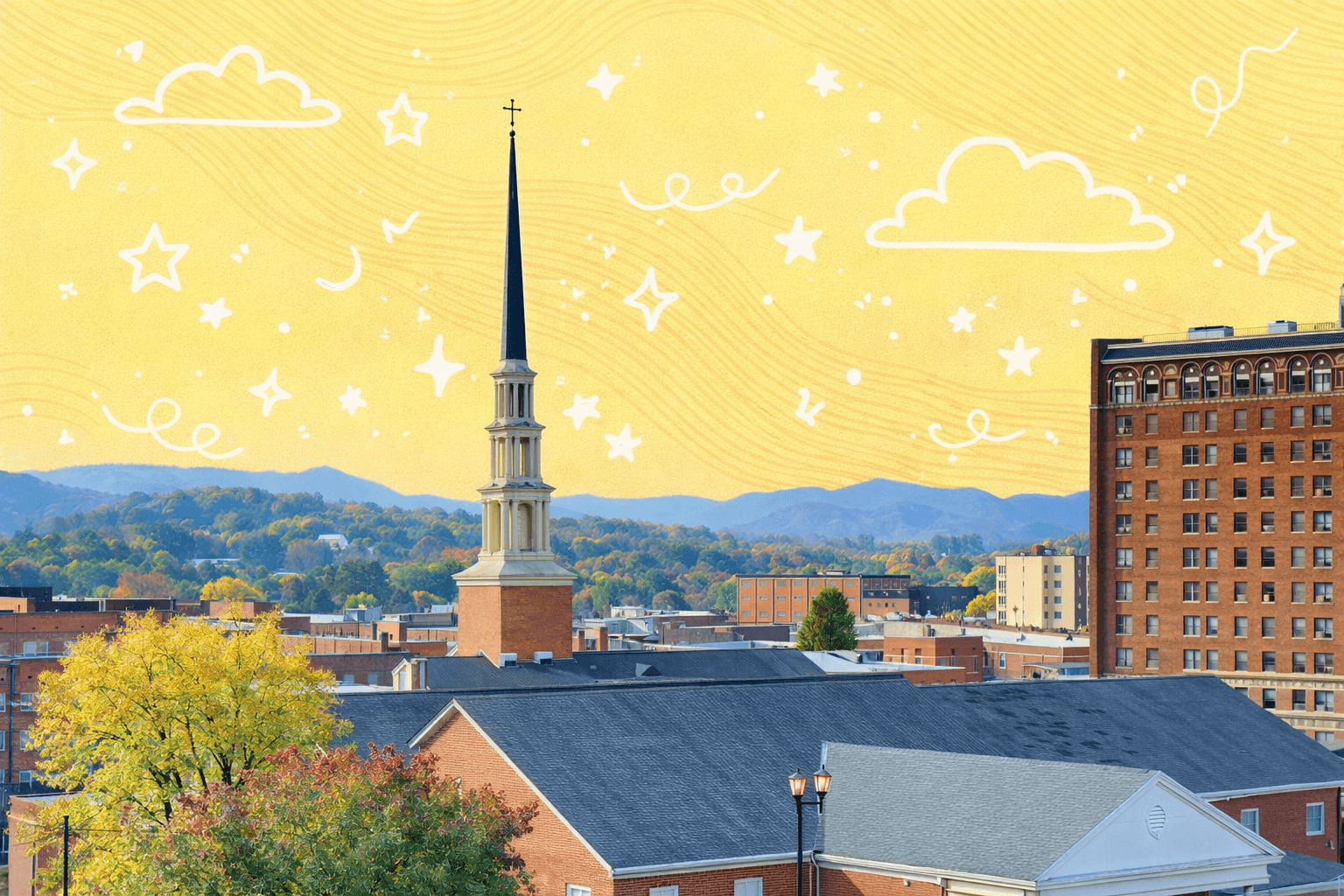 View of Johnson City, TN with mountains, a church steeple, and city buildings on a clear day.