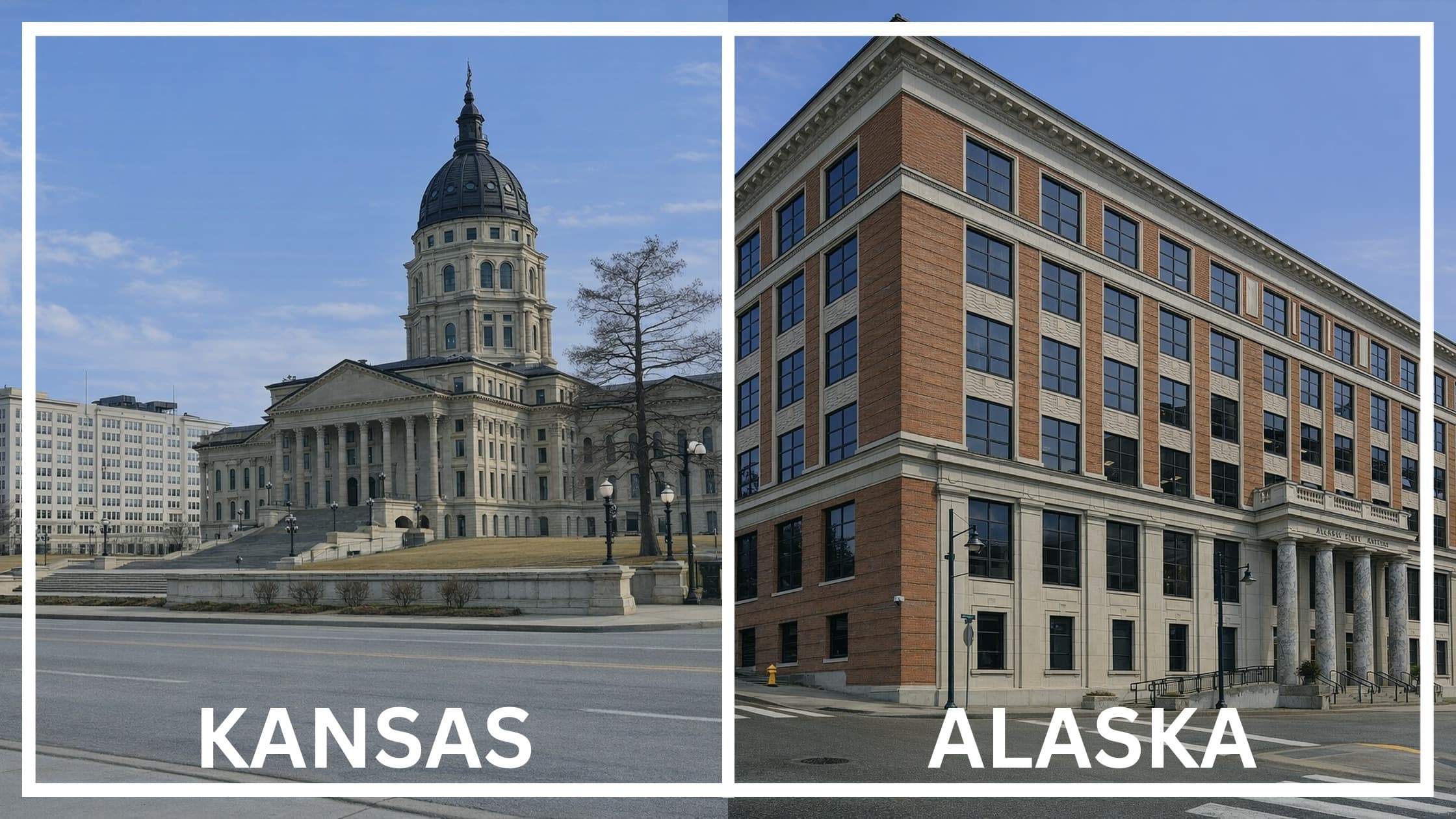 Comparing the state capitol buildings between Kansas and Alaska.