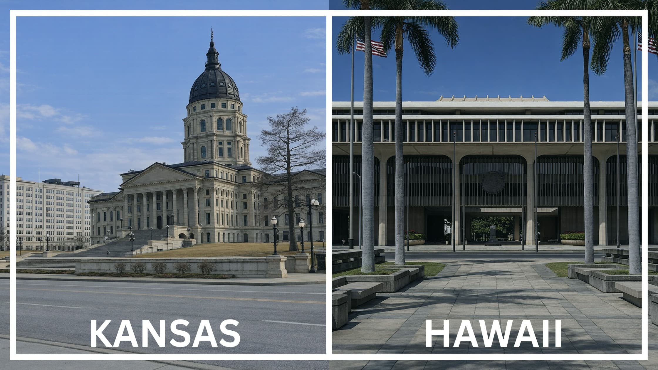 Comparing the state capitol buildings between Kansas and Hawaii.