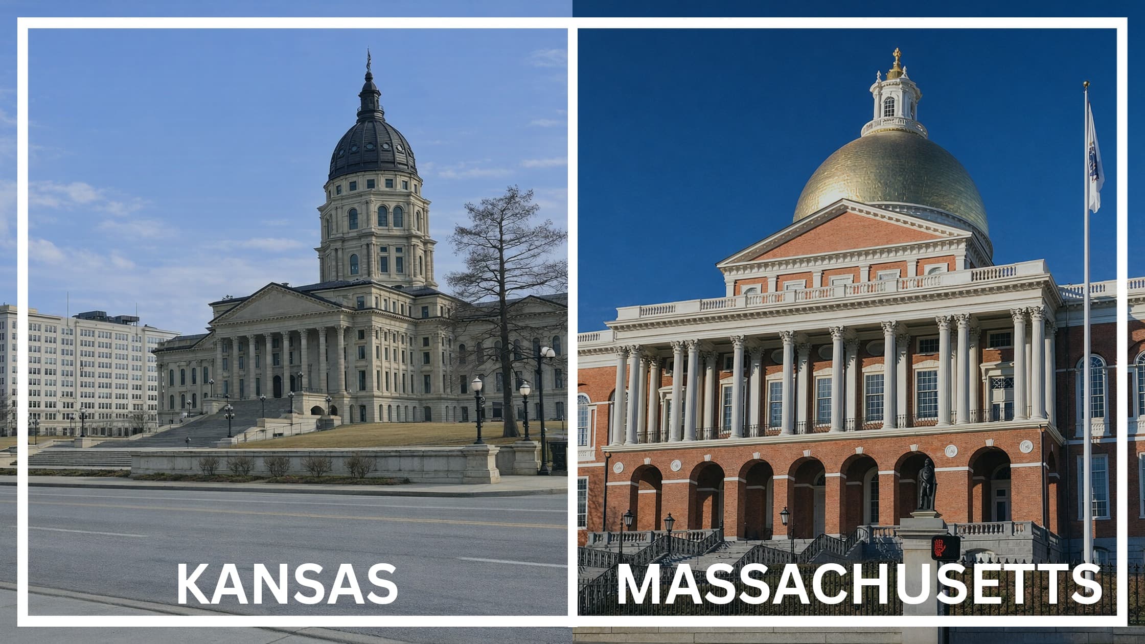 Comparing the state capitol buildings between Kansas and Massachusetts.