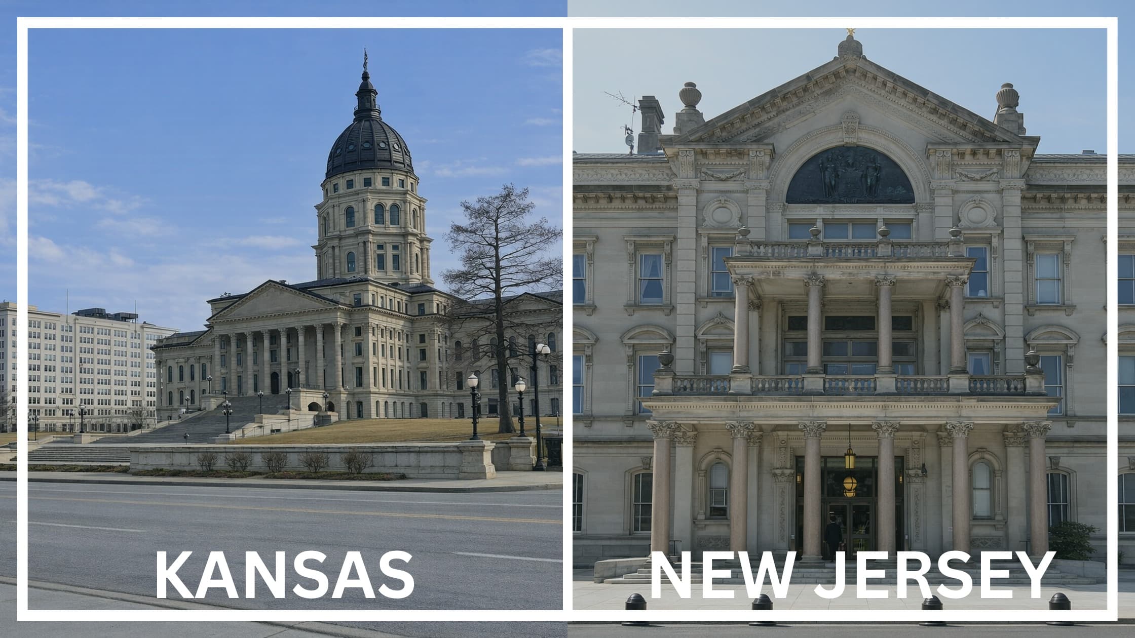 Comparing the state capitol buildings between Kansas and New Jersey.