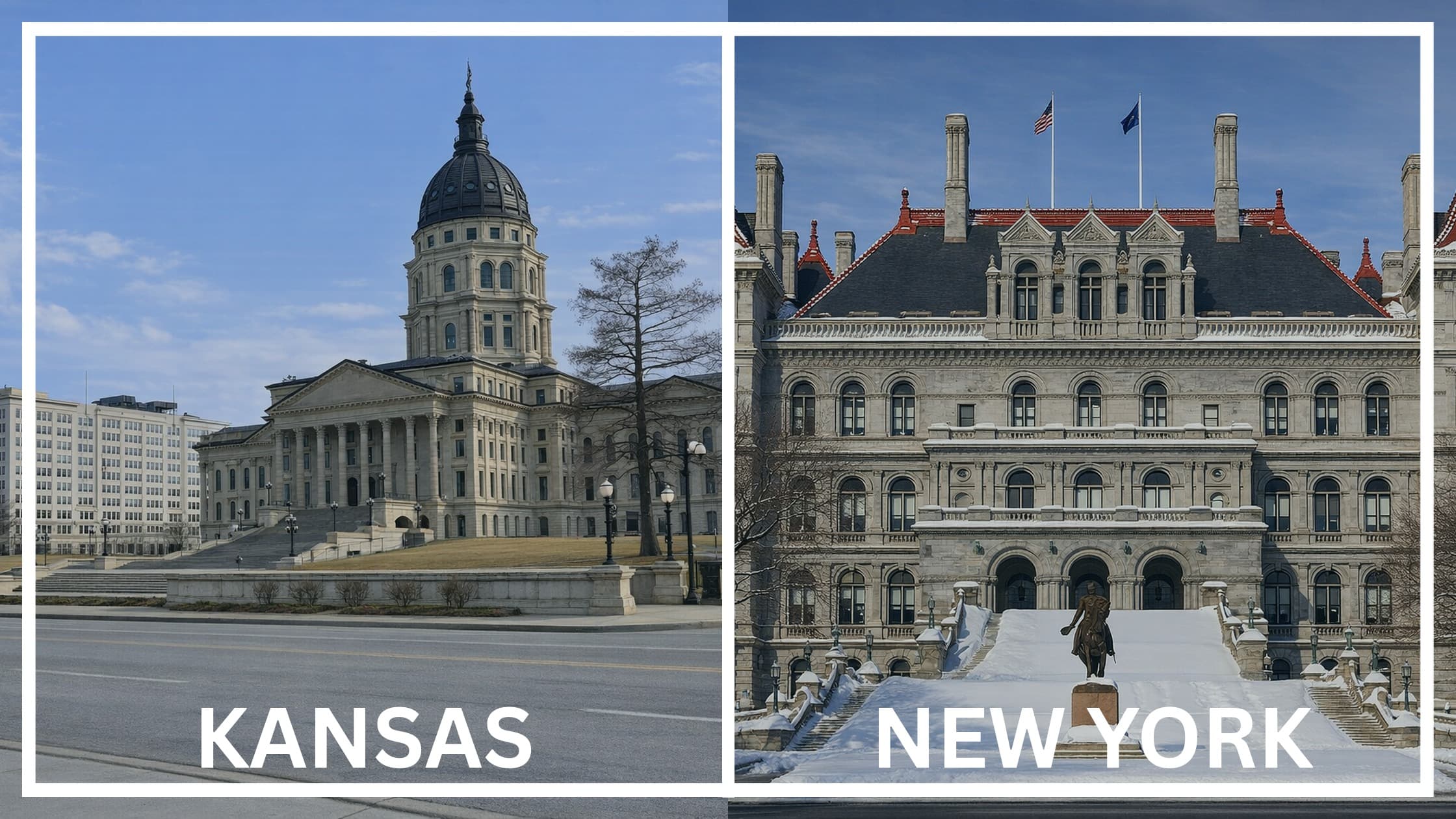 Comparing the state capitol buildings between Kansas and New York.