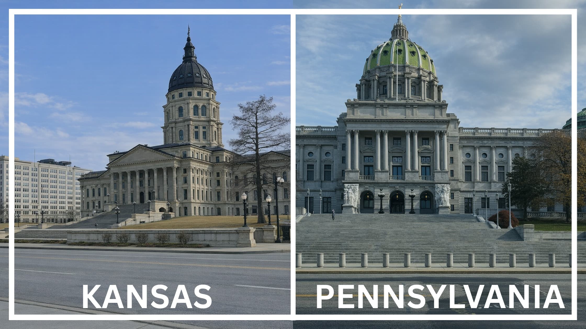 Comparing the state capitol buildings between Kansas and Pennsylvania.