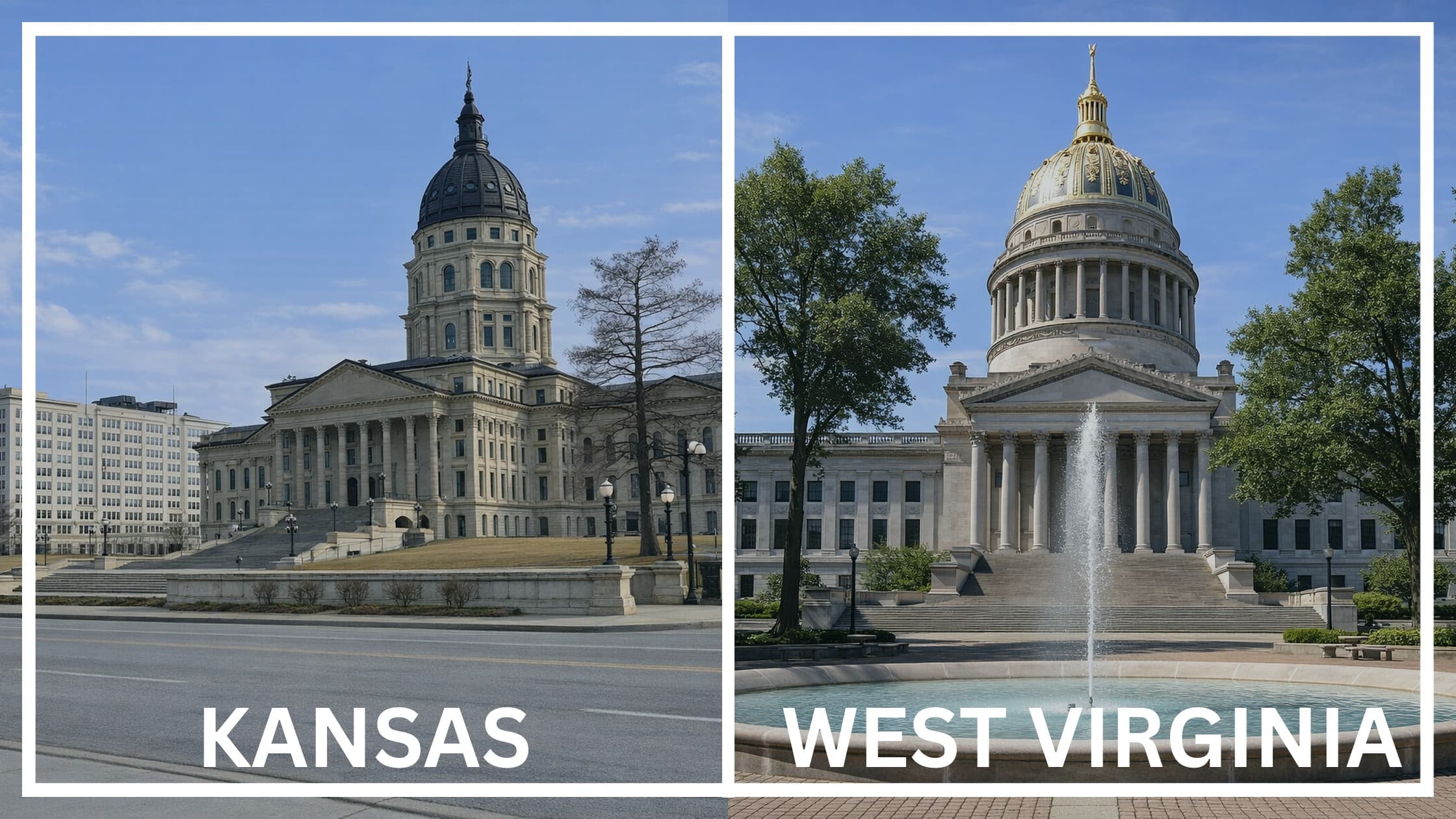Comparing the state capitol buildings between Kansas and West Virginia.