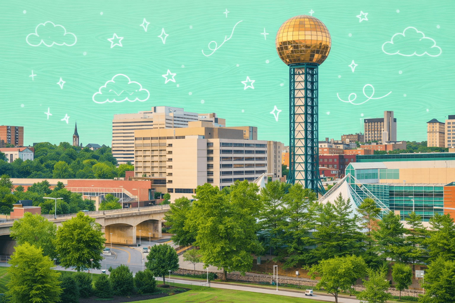 Skyline of Knoxville, TN featuring the iconic Sunsphere tower with surrounding buildings and greenery.
