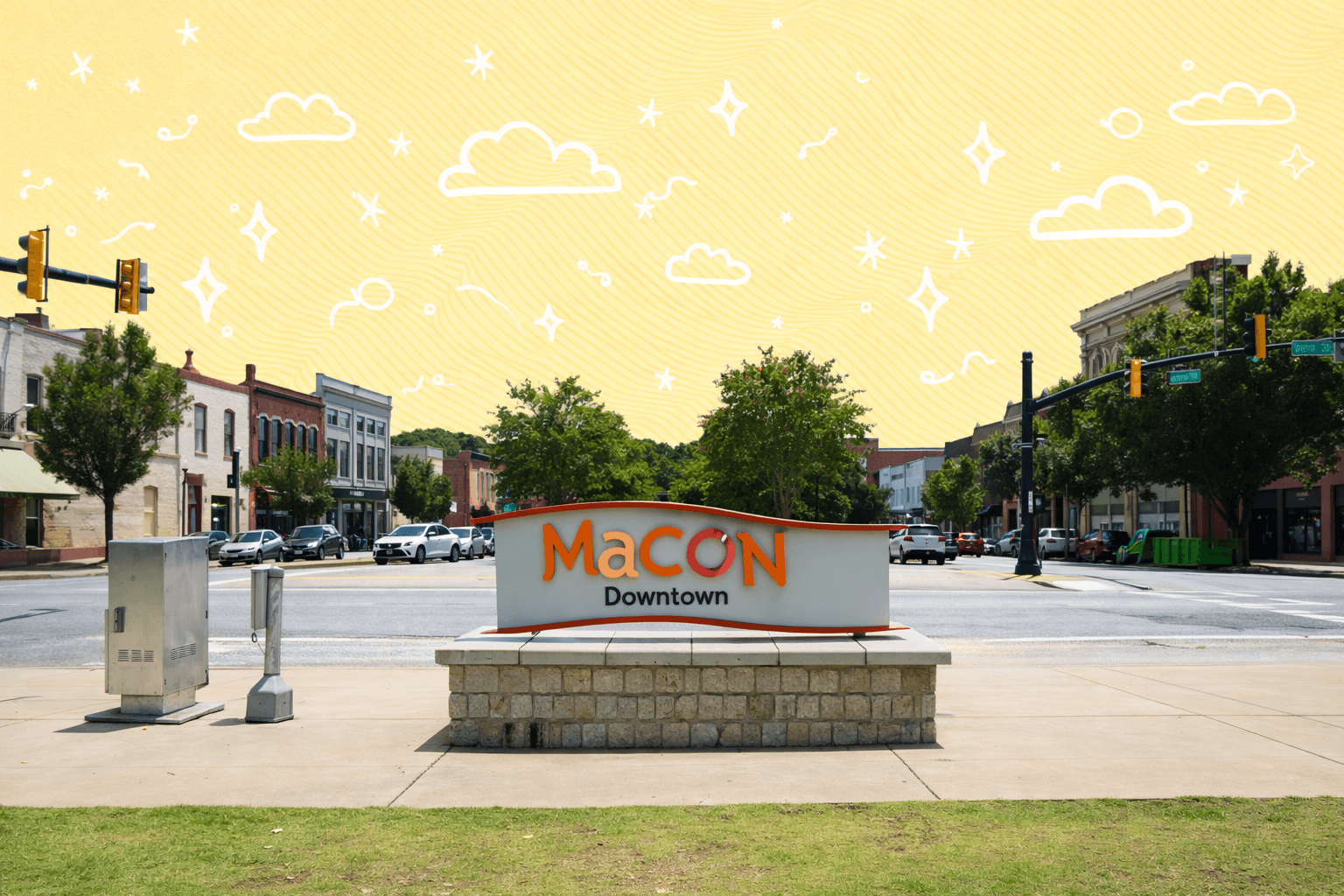 Downtown Macon, GA street view with pedestrian sign.