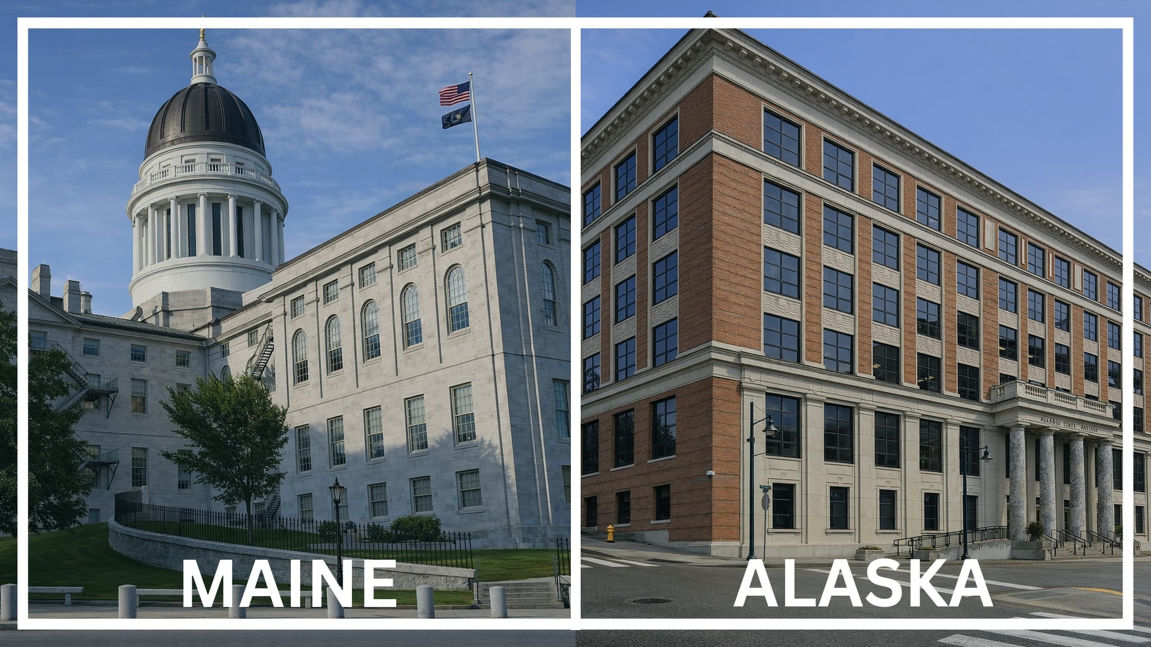Comparing the state capitol buildings between Maine and Alaska.