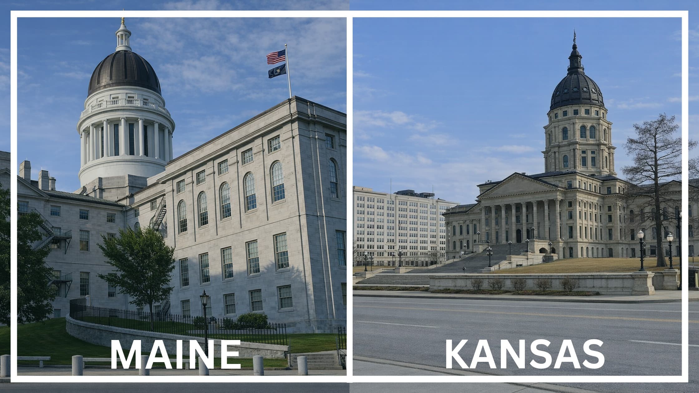 Comparing the state capitol buildings between Maine and Kansas.