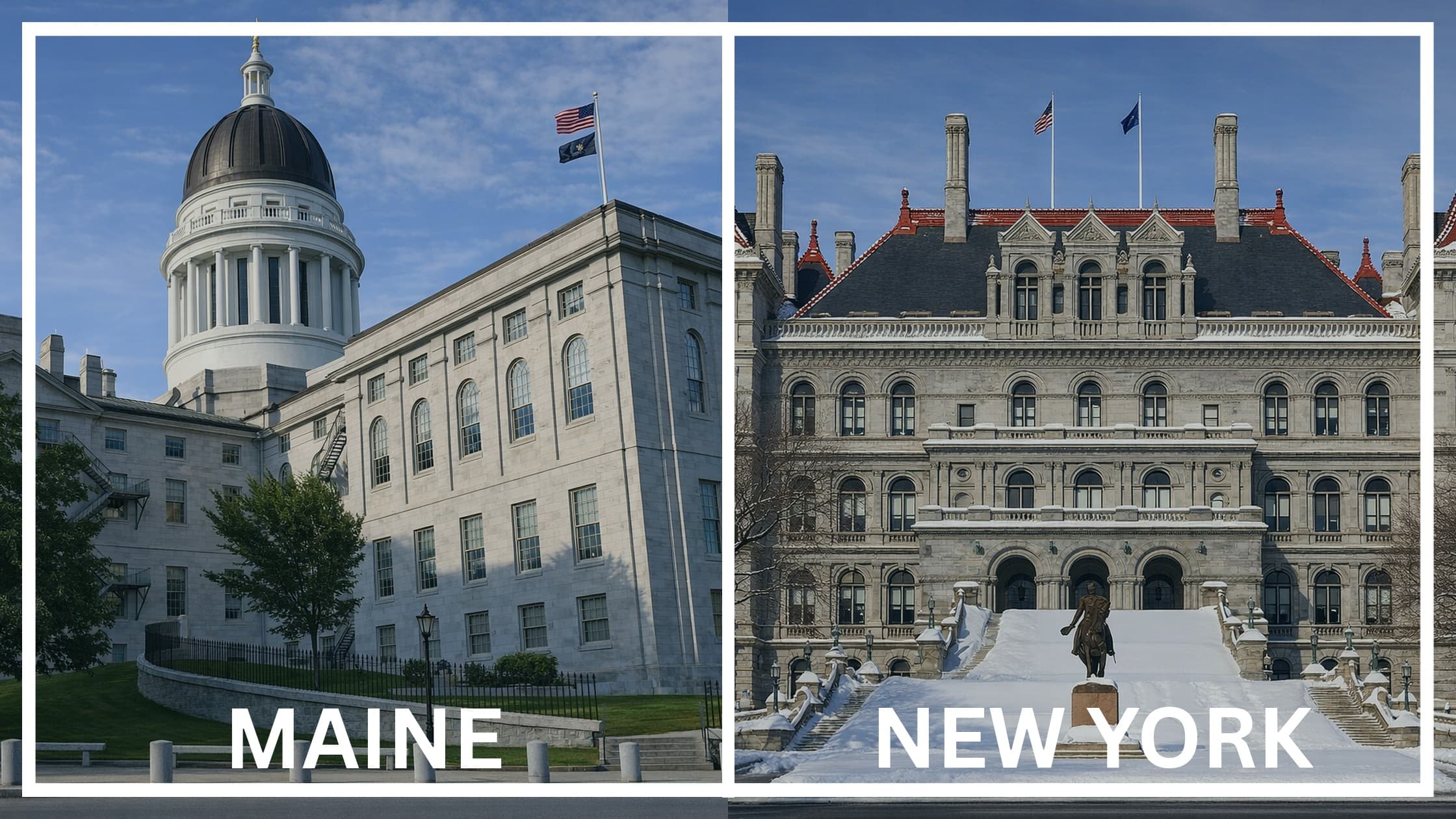 Comparing the state capitol buildings between Maine and New York.