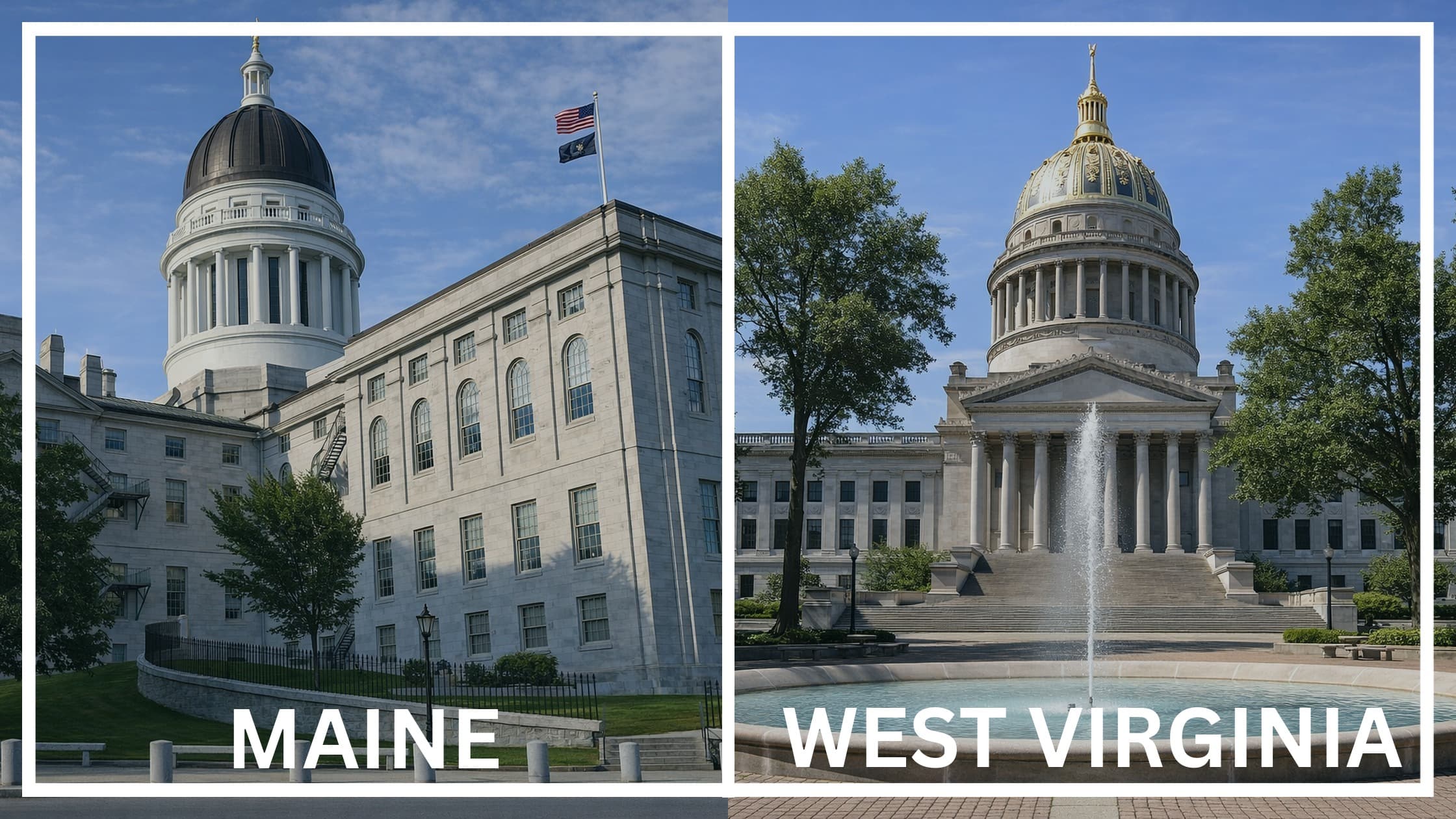 Comparing the state capitol buildings between Maine and West Virginia.