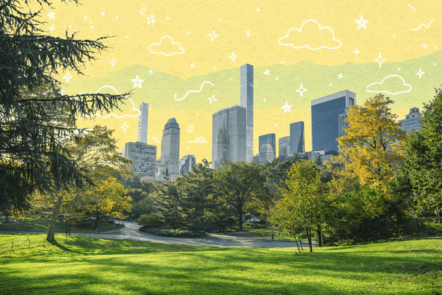 View of Central Park with skyscrapers in the background, showcasing a blend of nature and urban life in Manhattan, NY.