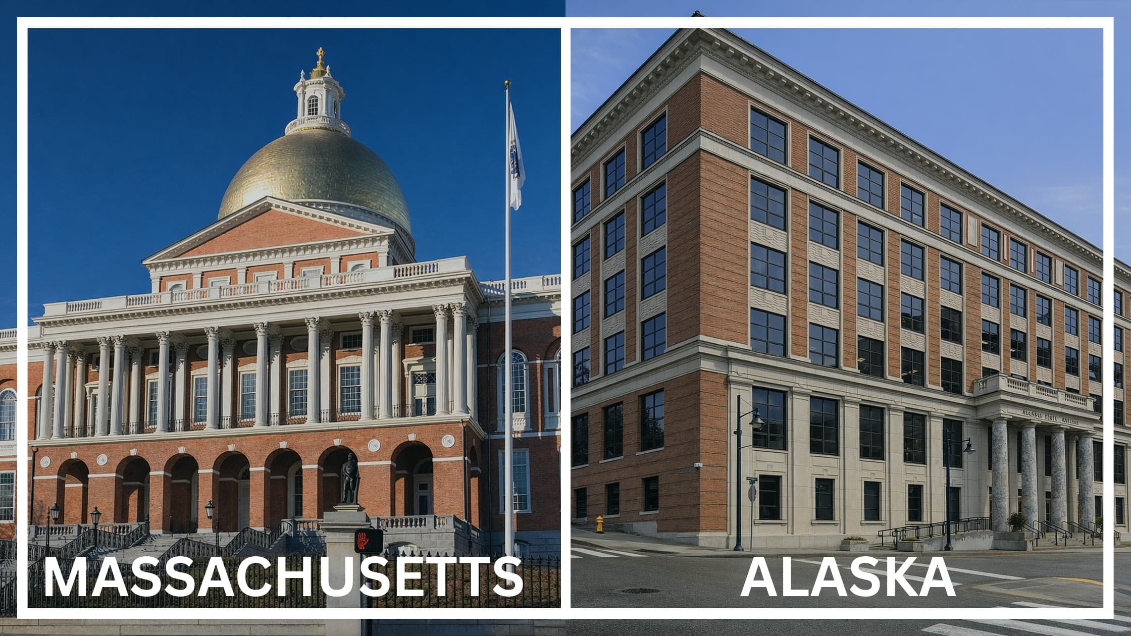 Comparing the state capitol buildings between Massachusetts and Alaska.