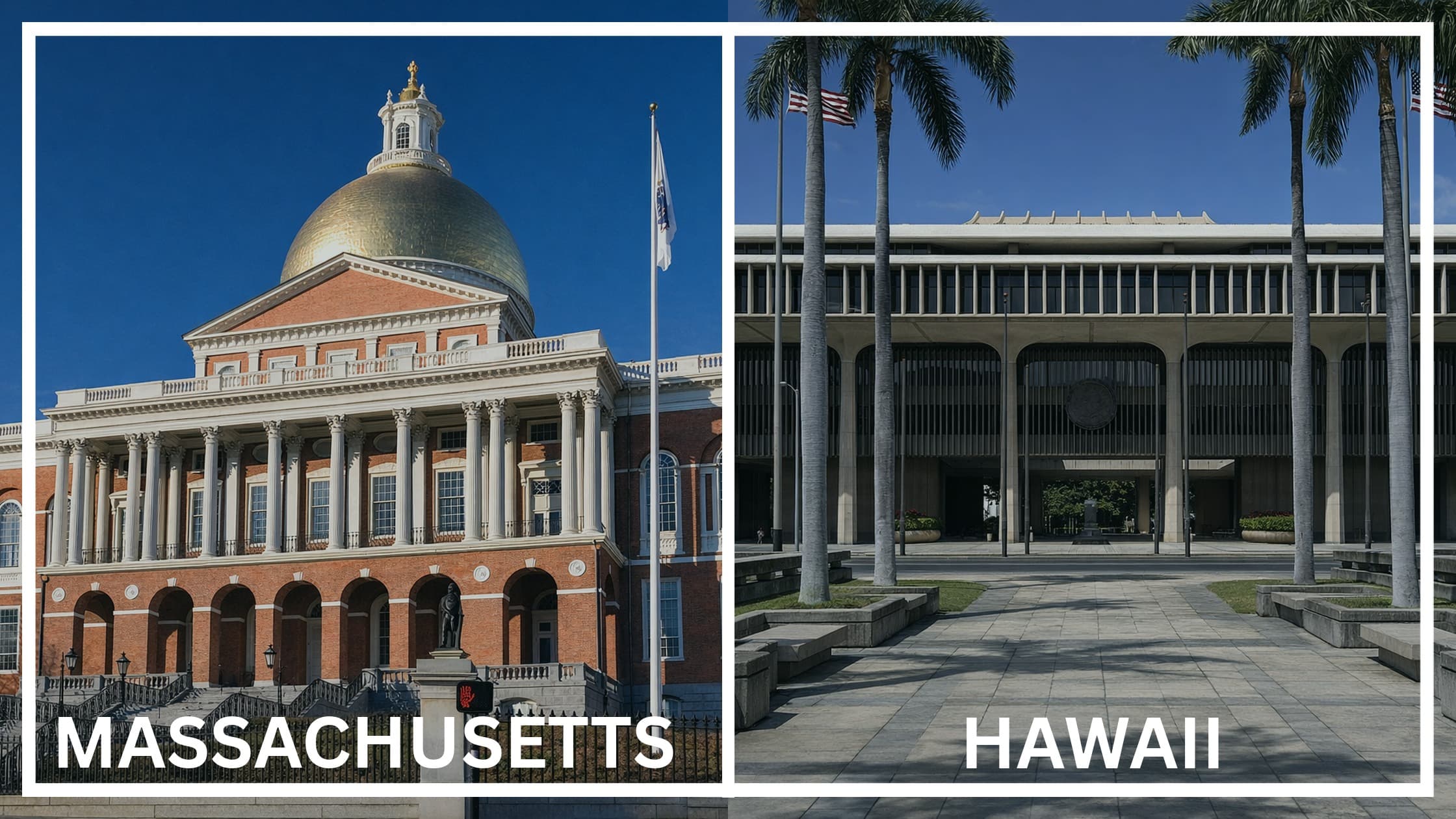 Comparing the state capitol buildings between Massachusetts and Hawaii.