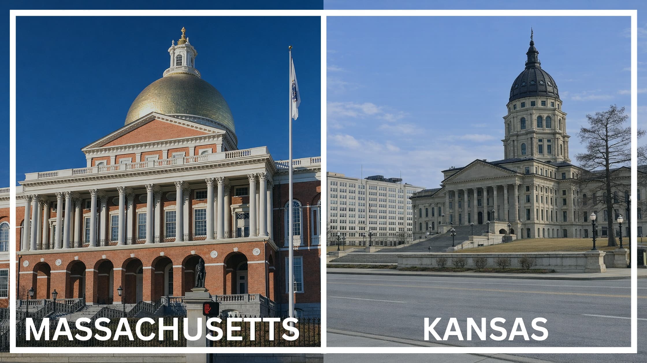 Comparing the state capitol buildings between Massachusetts and Kansas.