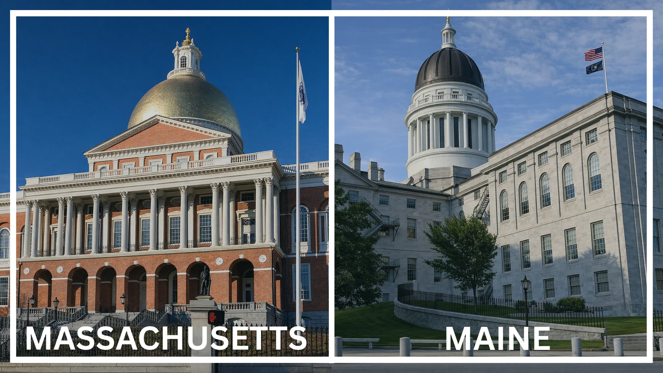 Comparing the state capitol buildings between Massachusetts and Maine.