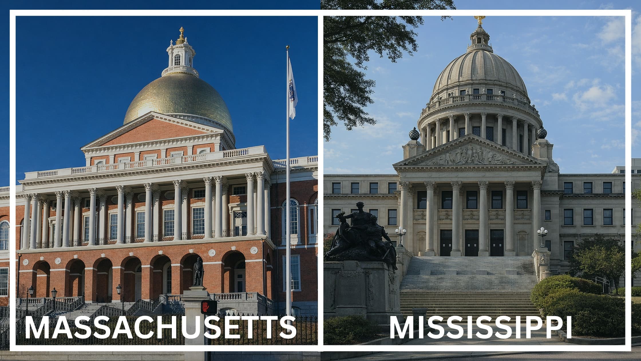 Comparing the state capitol buildings between Massachusetts and Mississippi.