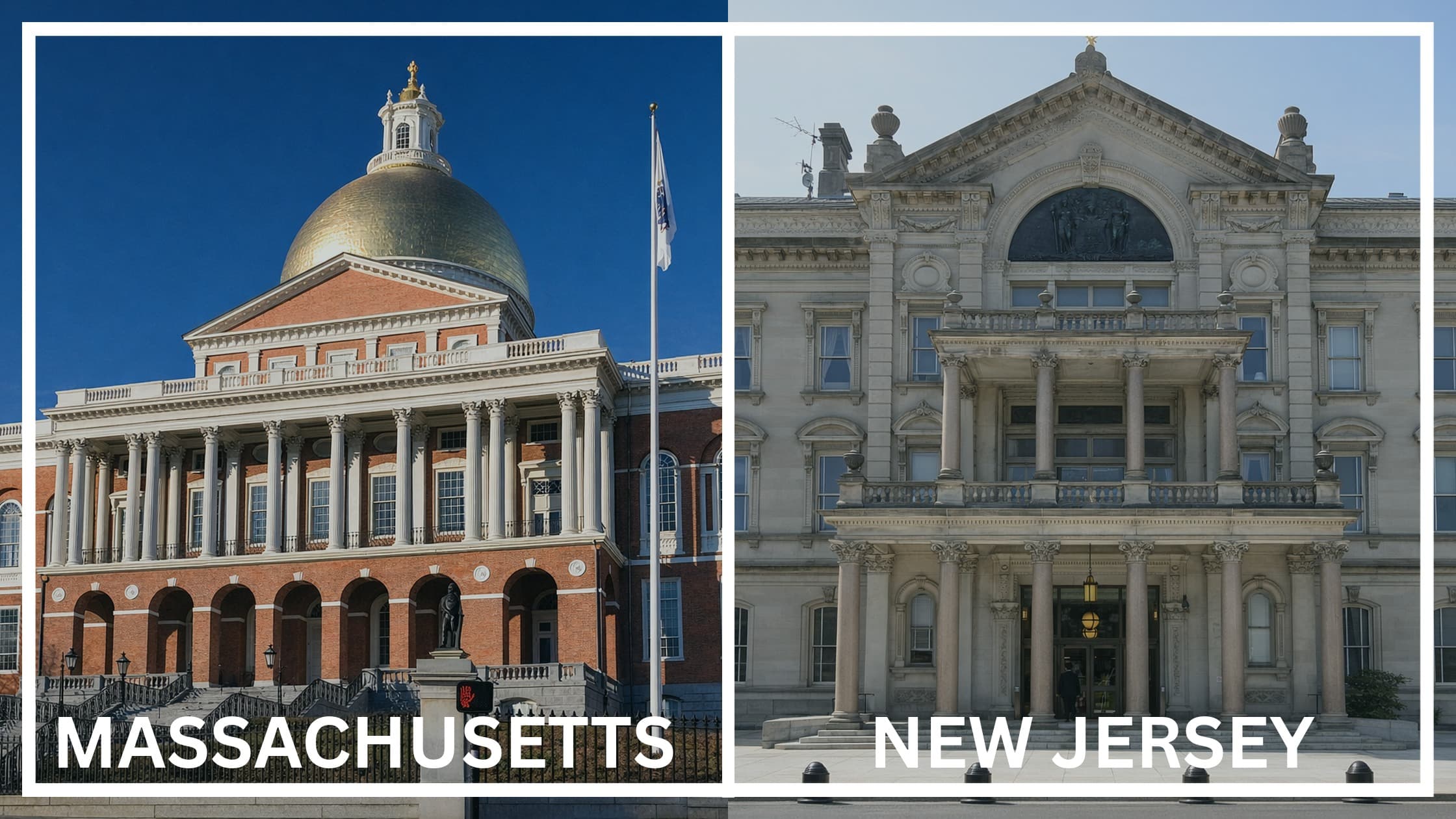 Comparing the state capitol buildings between Massachusetts and New Jersey.