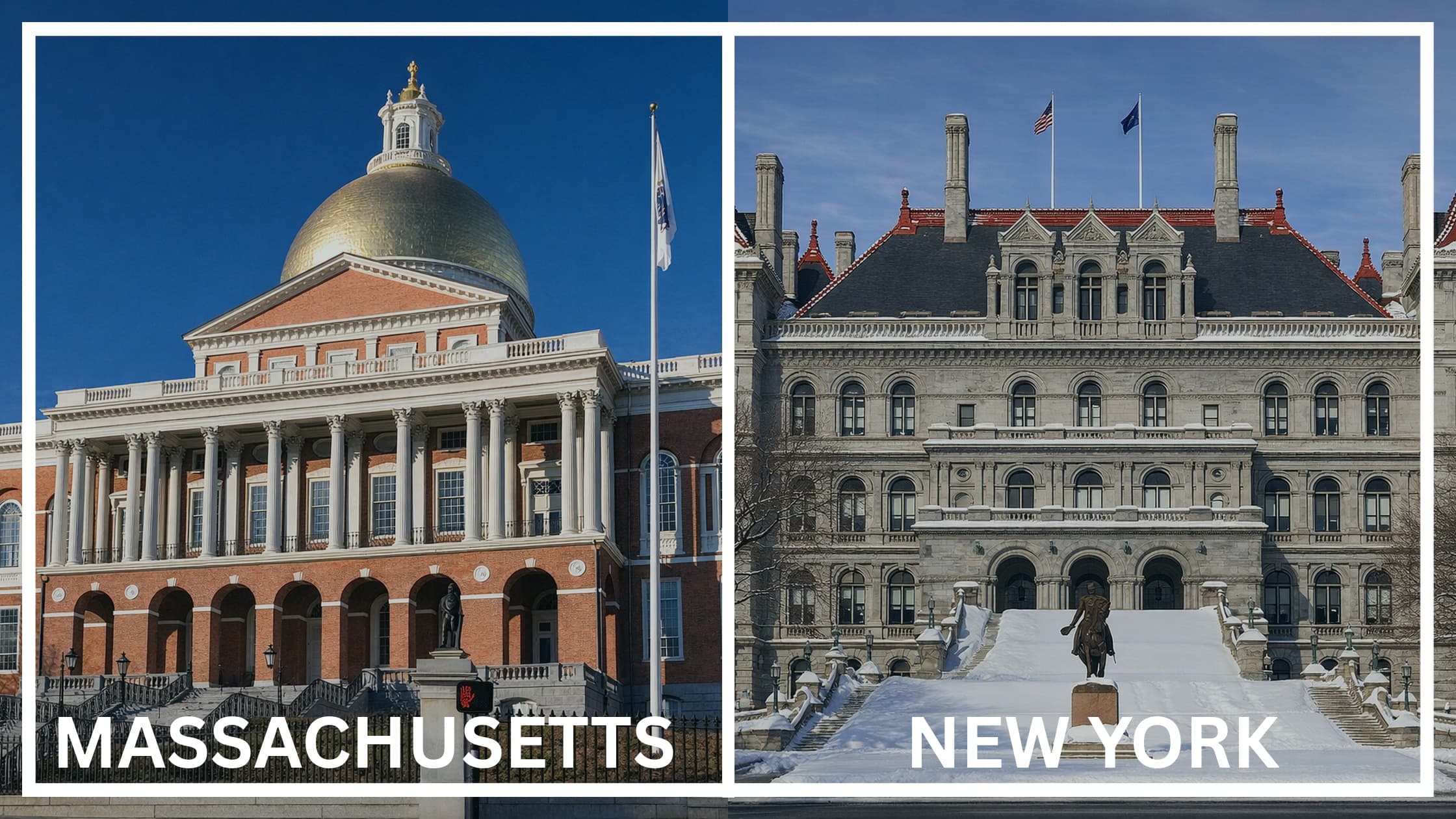 Comparing the state capitol buildings between Massachusetts and New York.