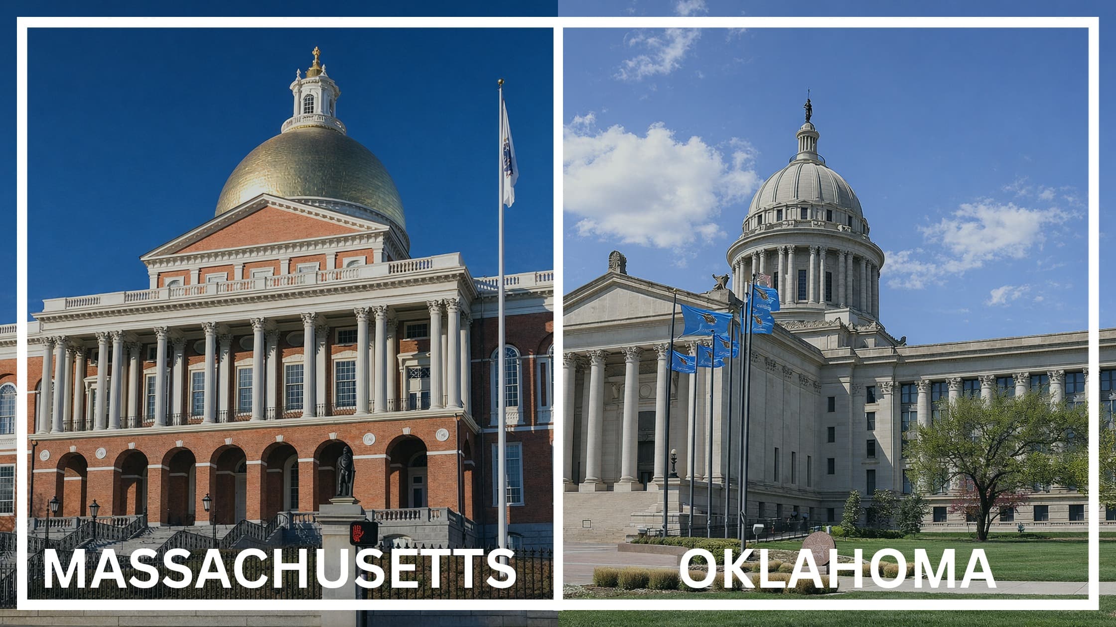 Comparing the state capitol buildings between Massachusetts and Oklahoma.