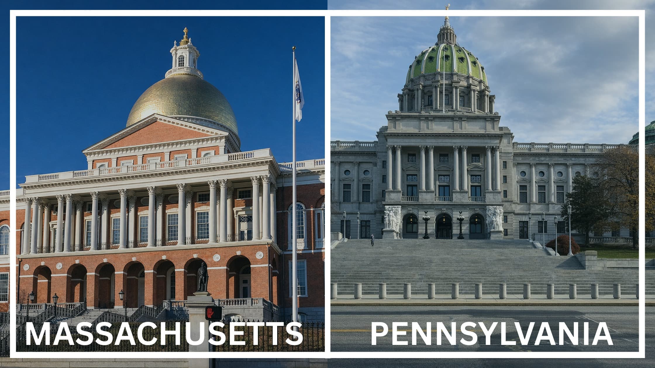 Comparing the state capitol buildings between Massachusetts and Pennsylvania.