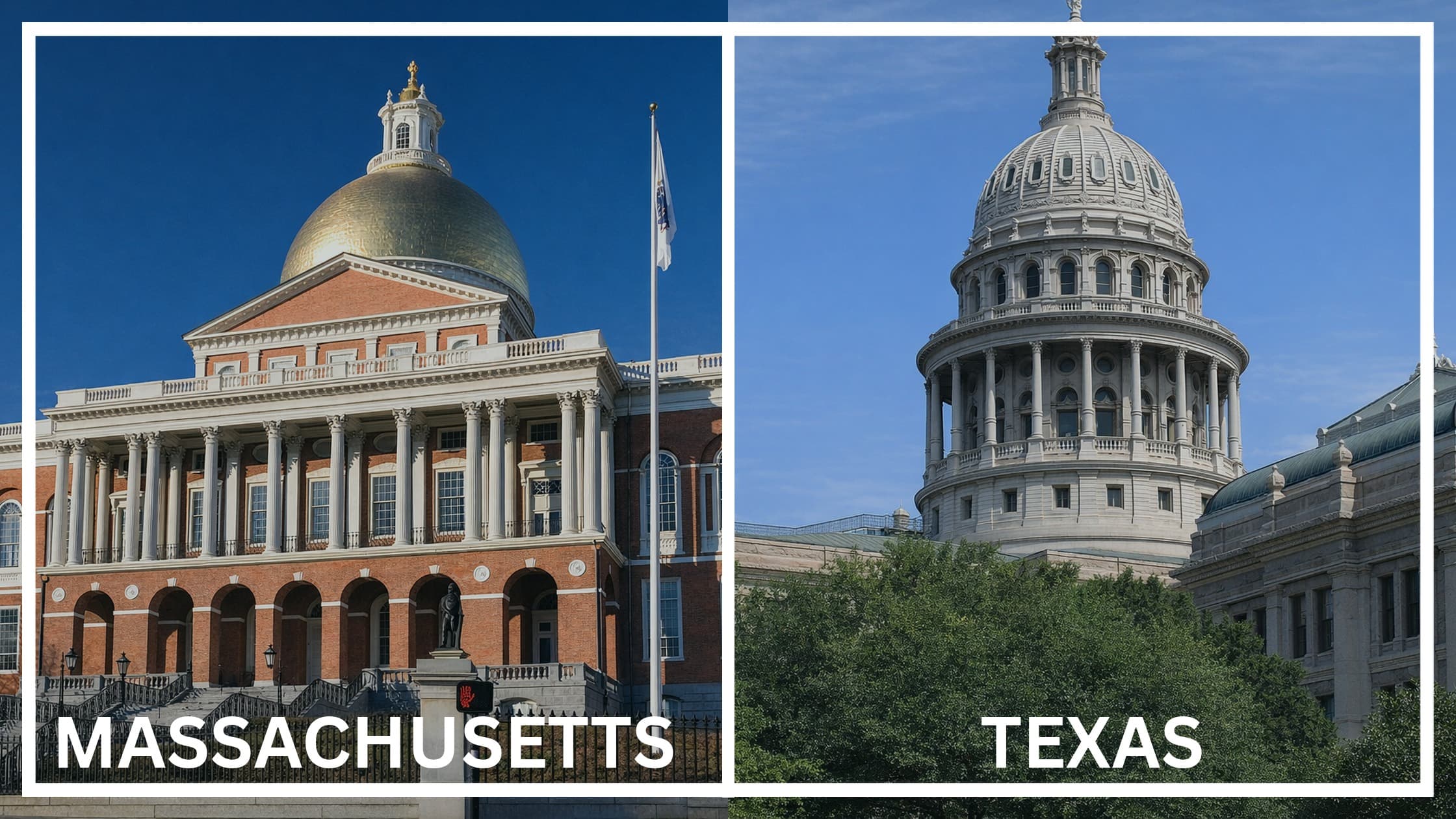 Comparing the state capitol buildings between Massachusetts and Texas.