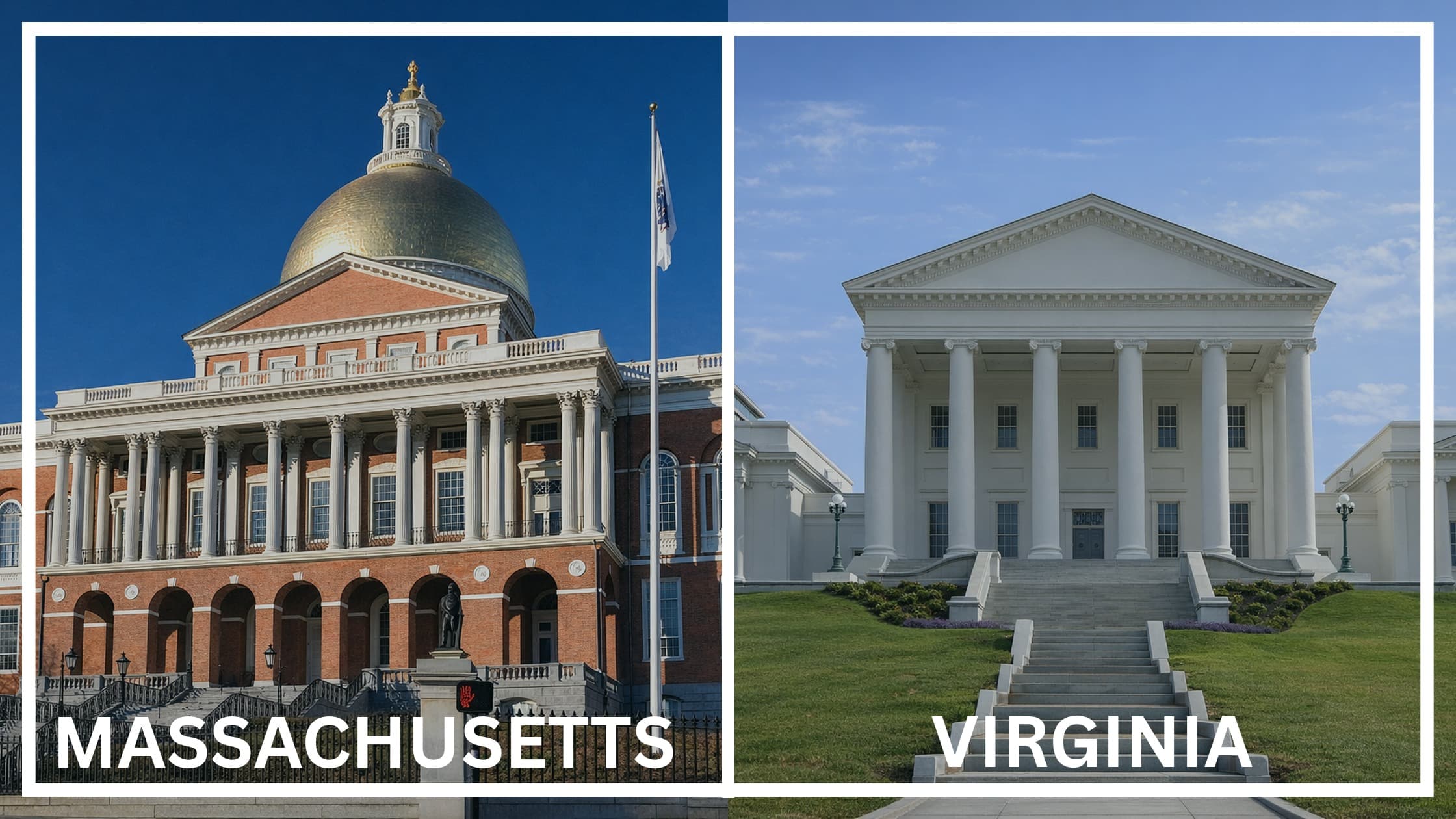 Comparing the state capitol buildings between Massachusetts and Virginia.