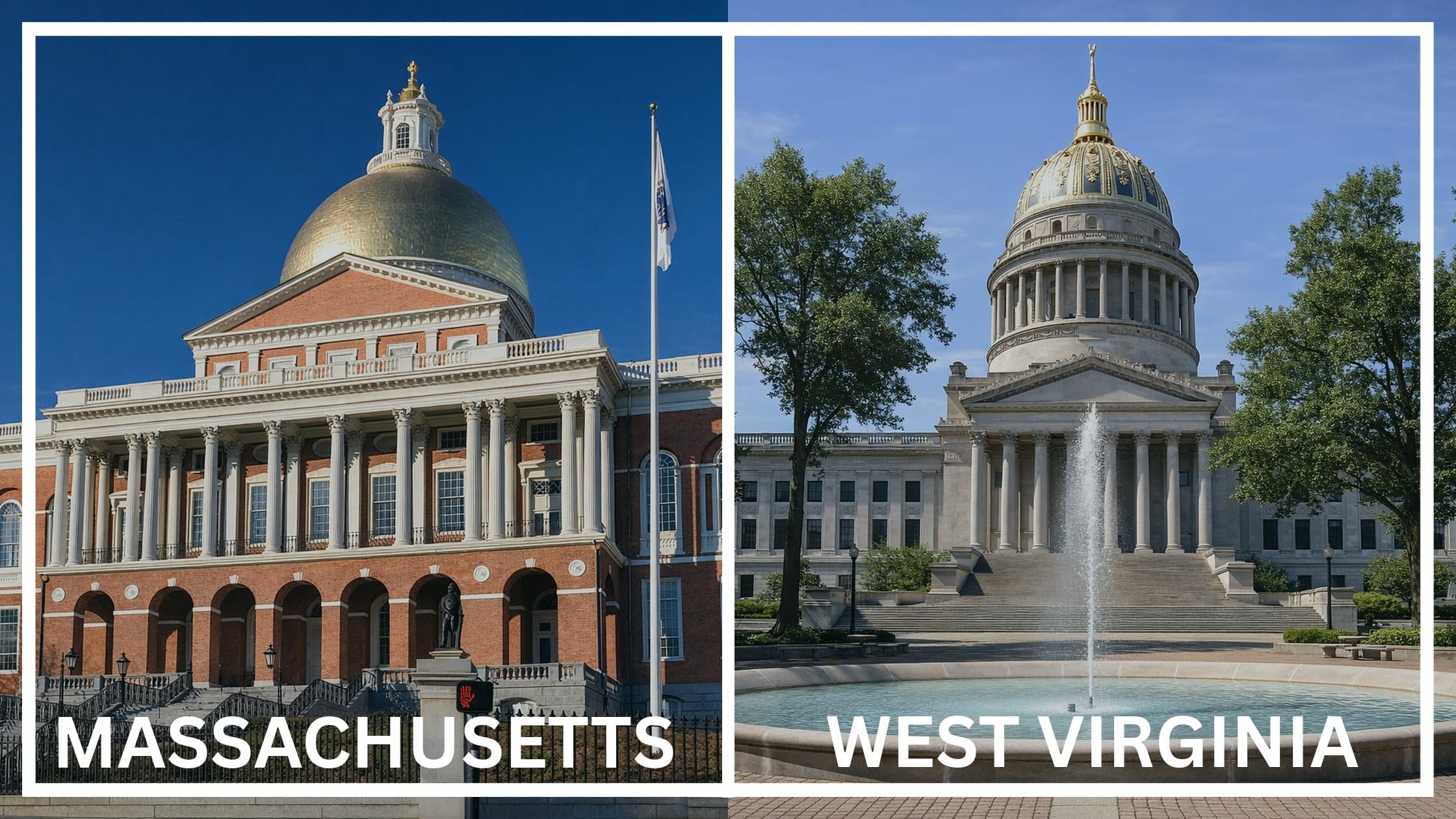 Comparing the state capitol buildings between Massachusetts and West Virginia.