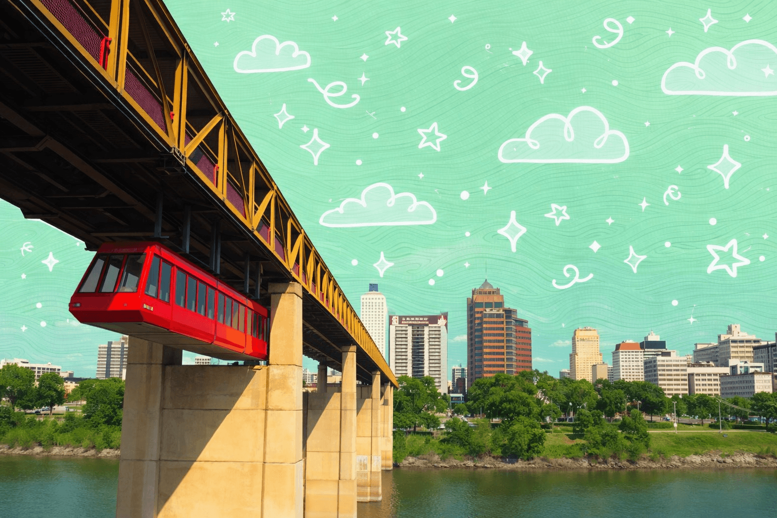 Red monorail crossing over a river in Memphis, TN with city skyline in the background.
