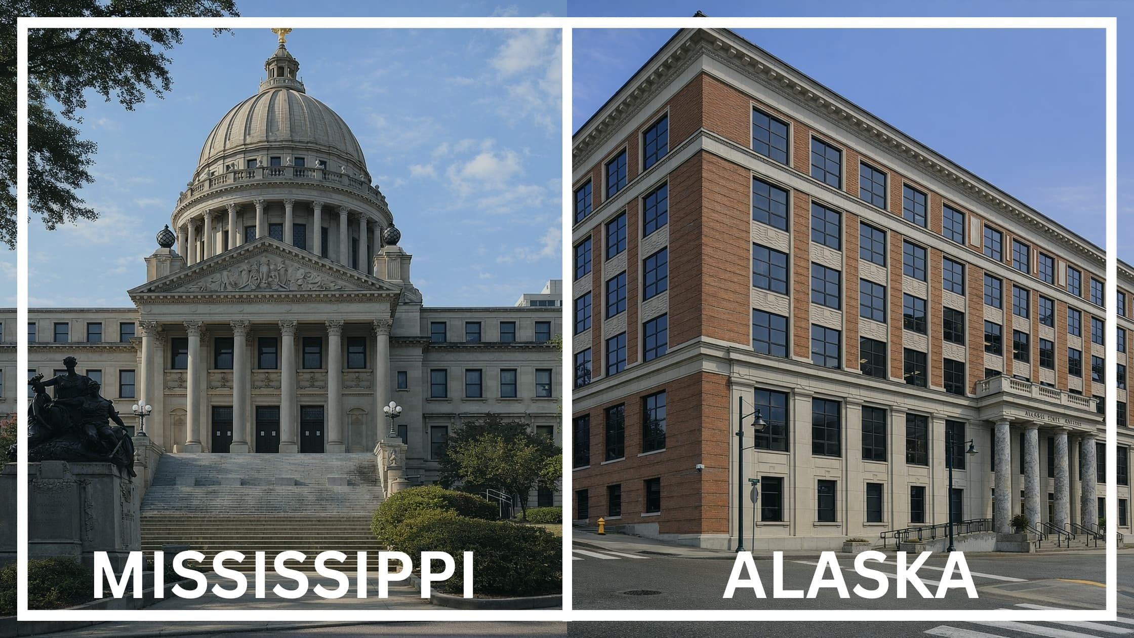 Comparing the state capitol buildings between Mississippi and Alaska.