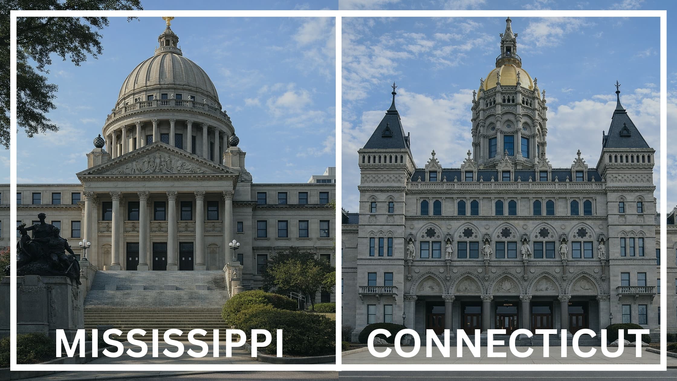 Comparing the state capitol buildings between Mississippi and Connecticut.