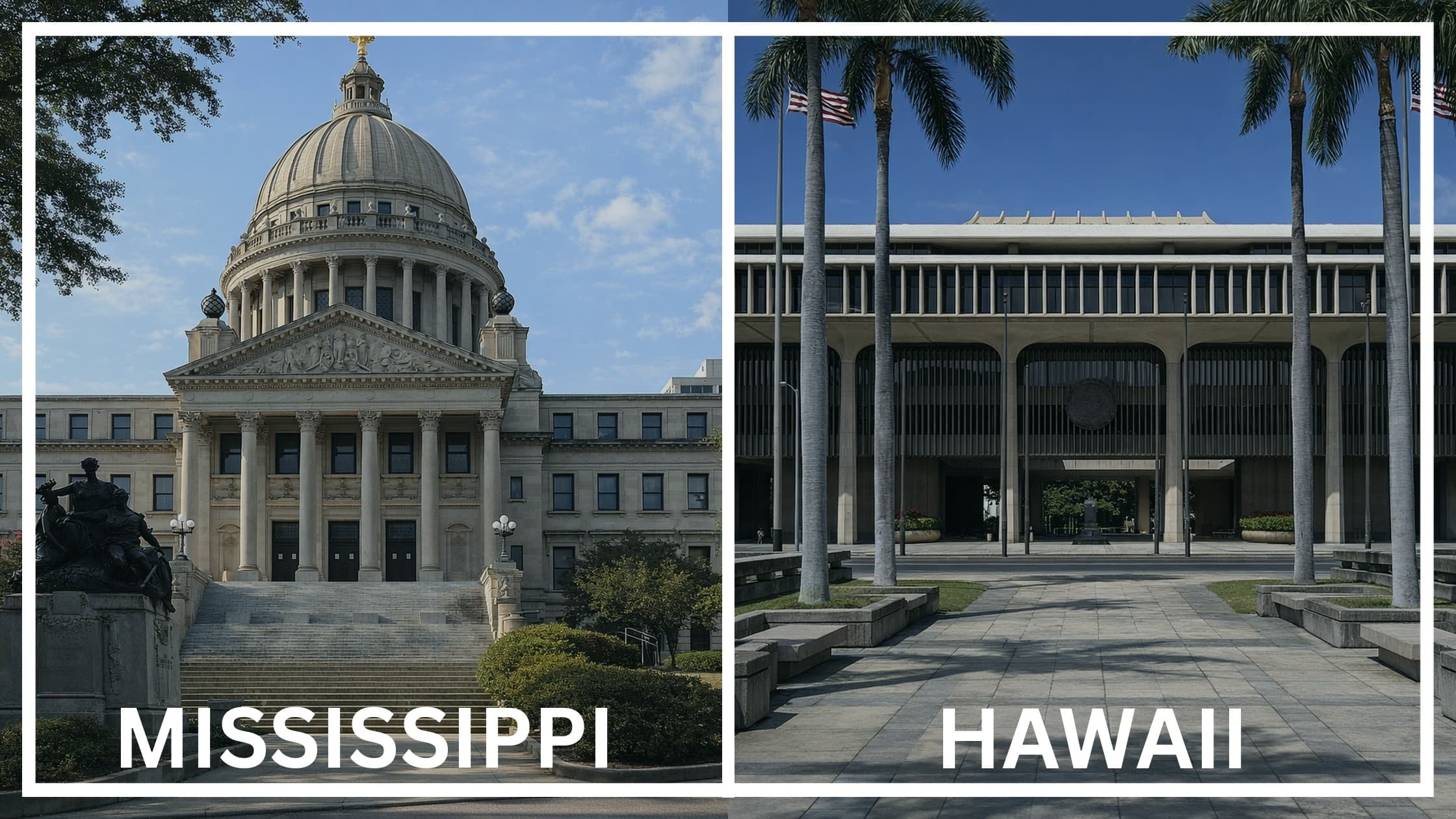 Comparing the state capitol buildings between Mississippi and Hawaii.