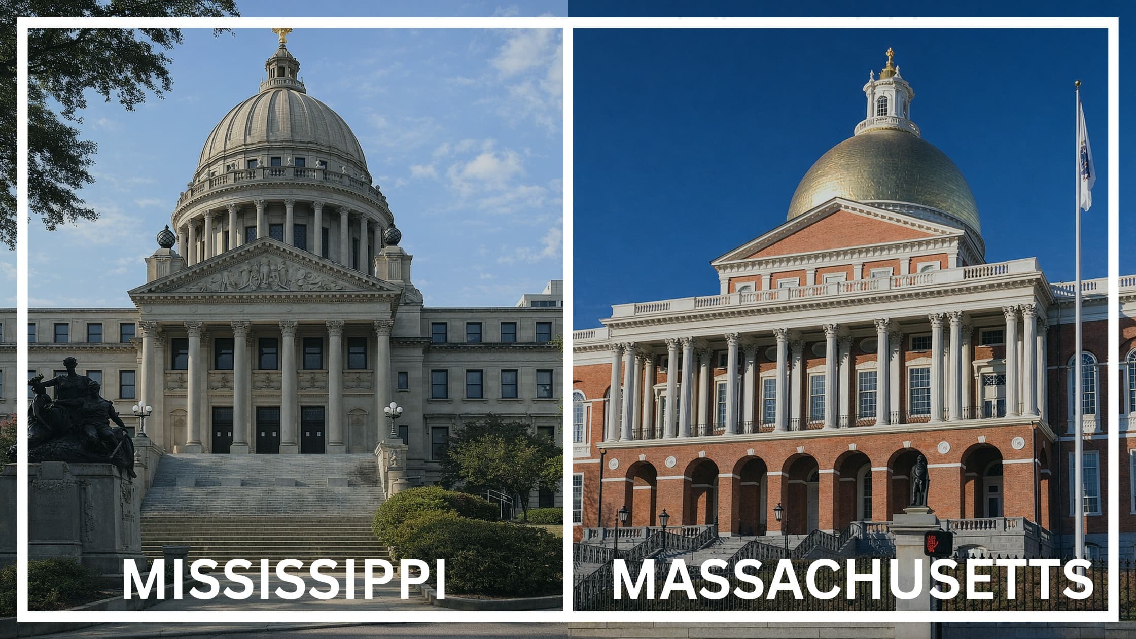 Comparing the state capitol buildings between Mississippi and Massachusetts.