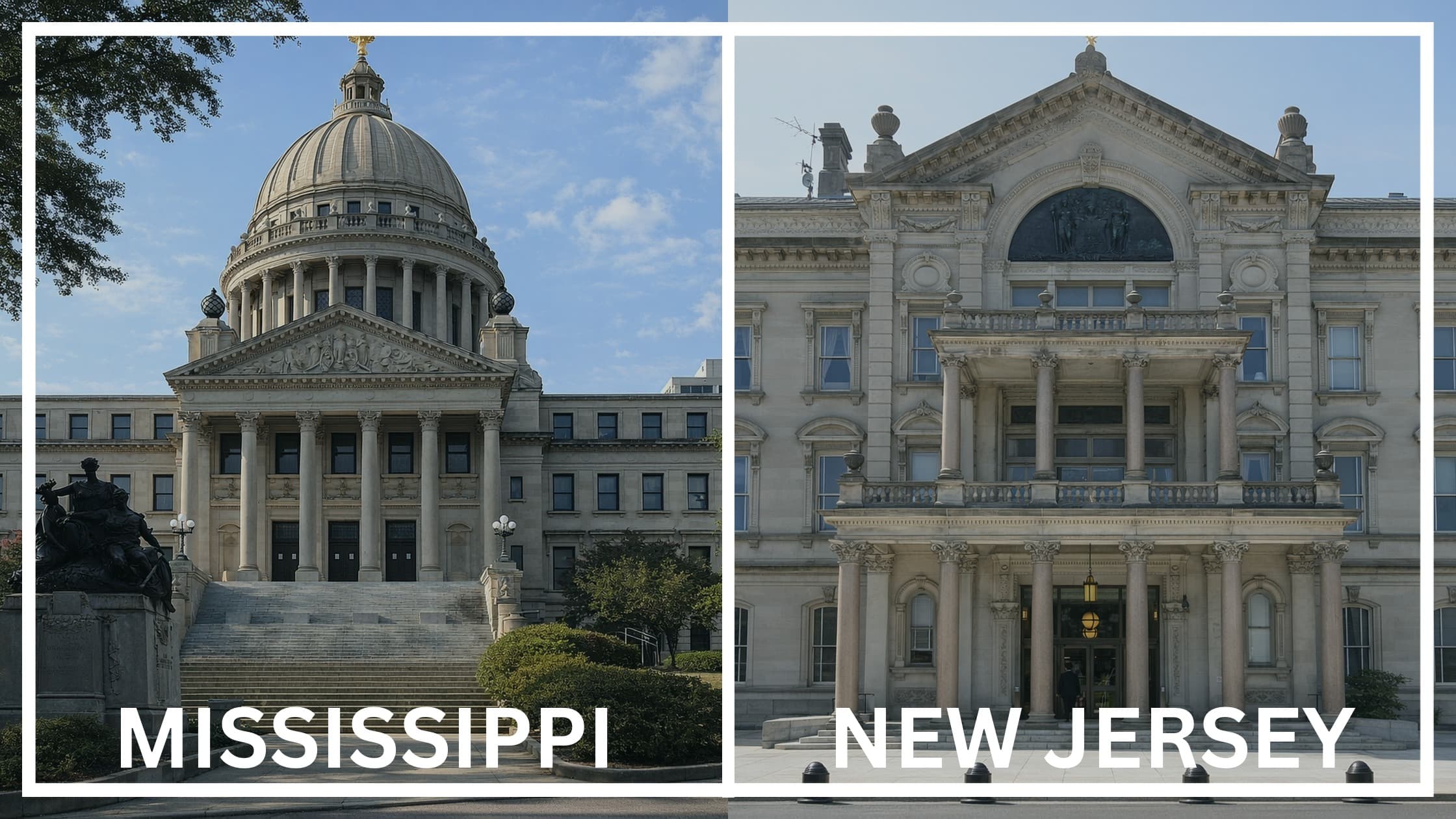 Comparing the state capitol buildings between Mississippi and New Jersey.