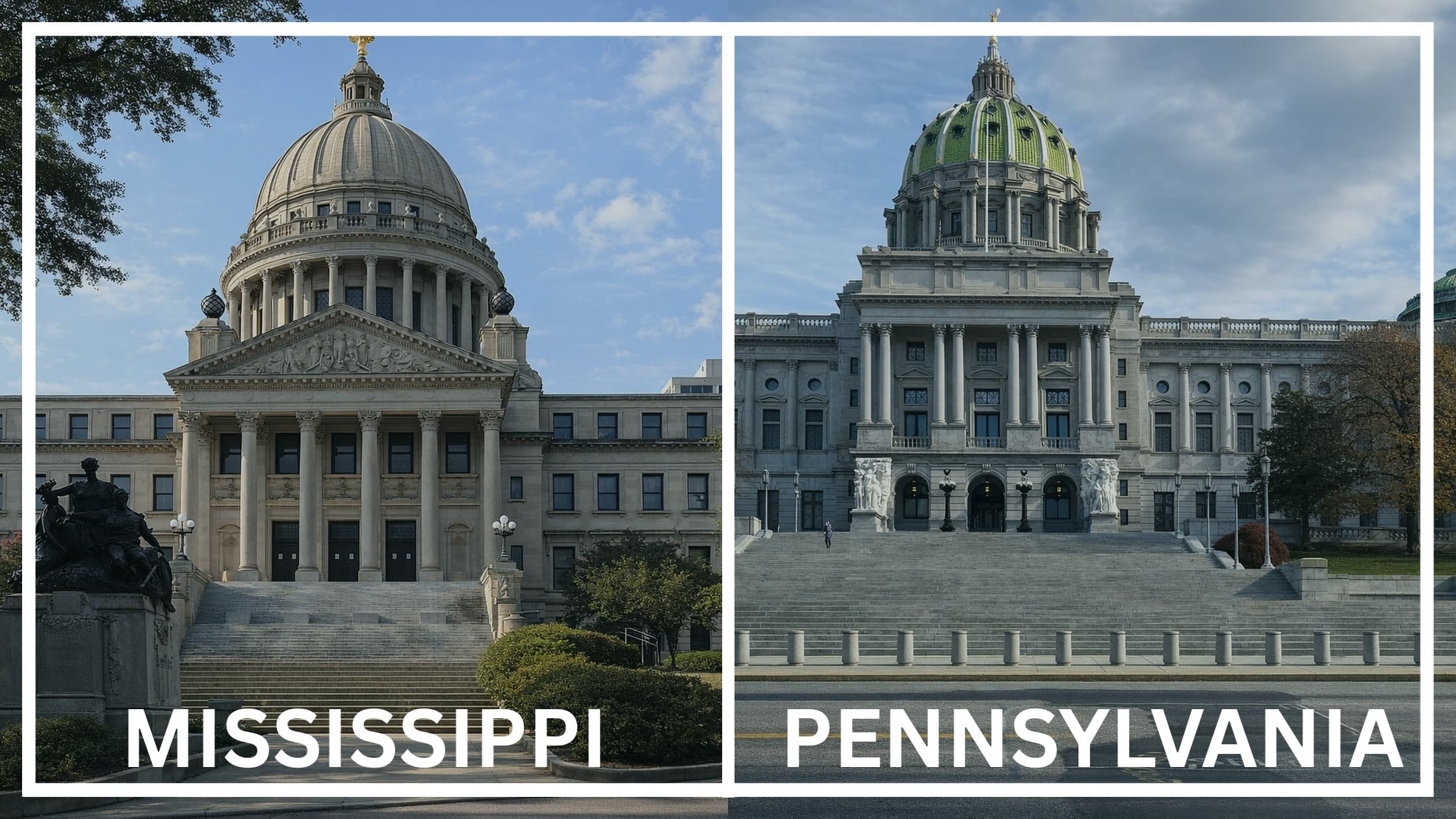 Comparing the state capitol buildings between Mississippi and Pennsylvania.
