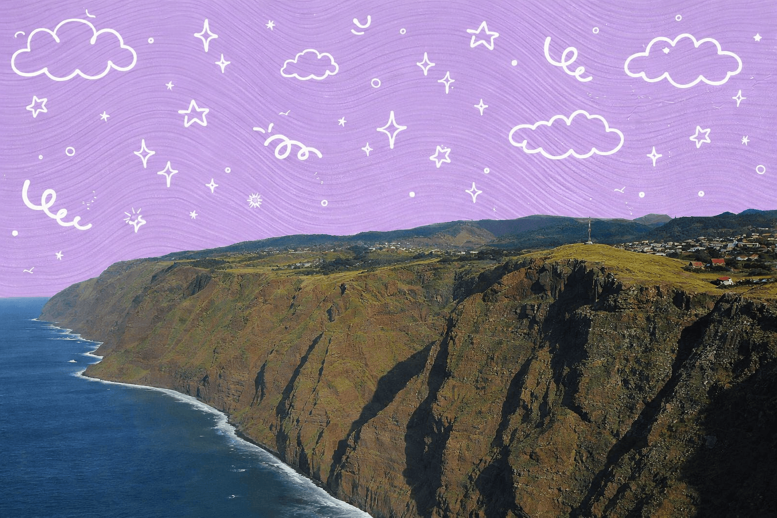 Dramatic coastline cliffs of Molokai, Hawaii against a cloudy blue sky.