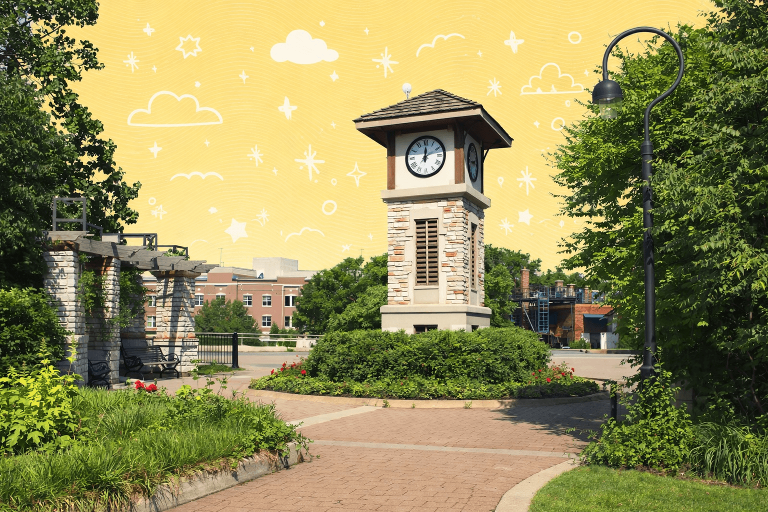 Clock tower in a scenic park setting in Naperville, IL on a clear day.