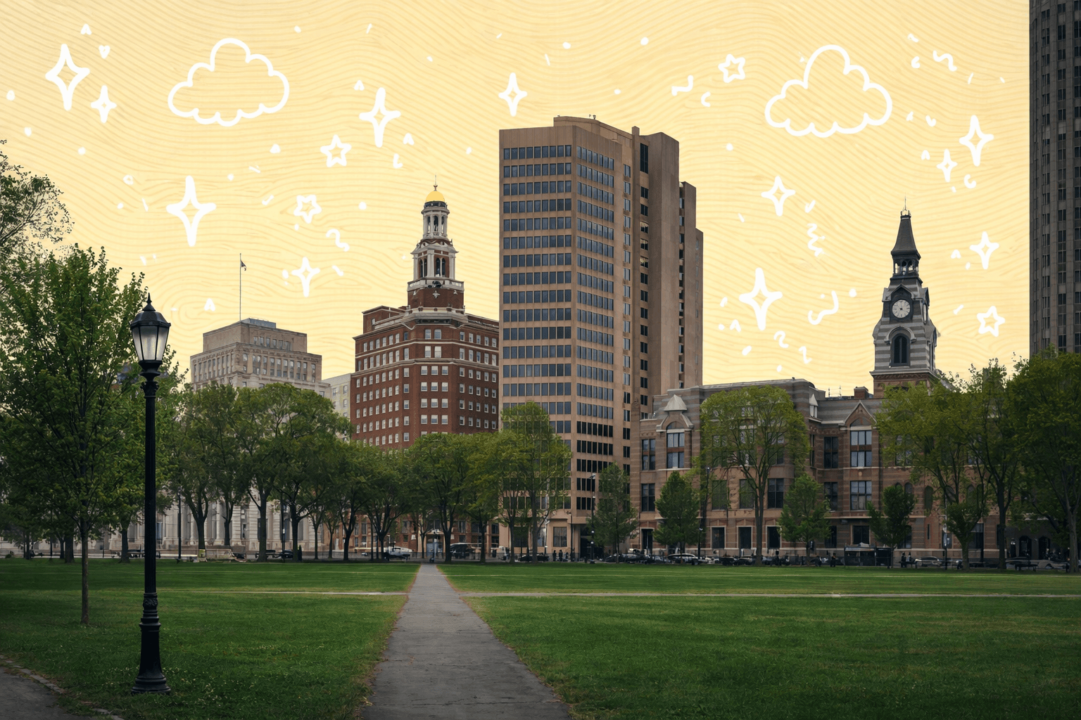 New Haven cityscape featuring a park with historic and modern buildings in the background, showcasing a blend of architecture in Connecticut.