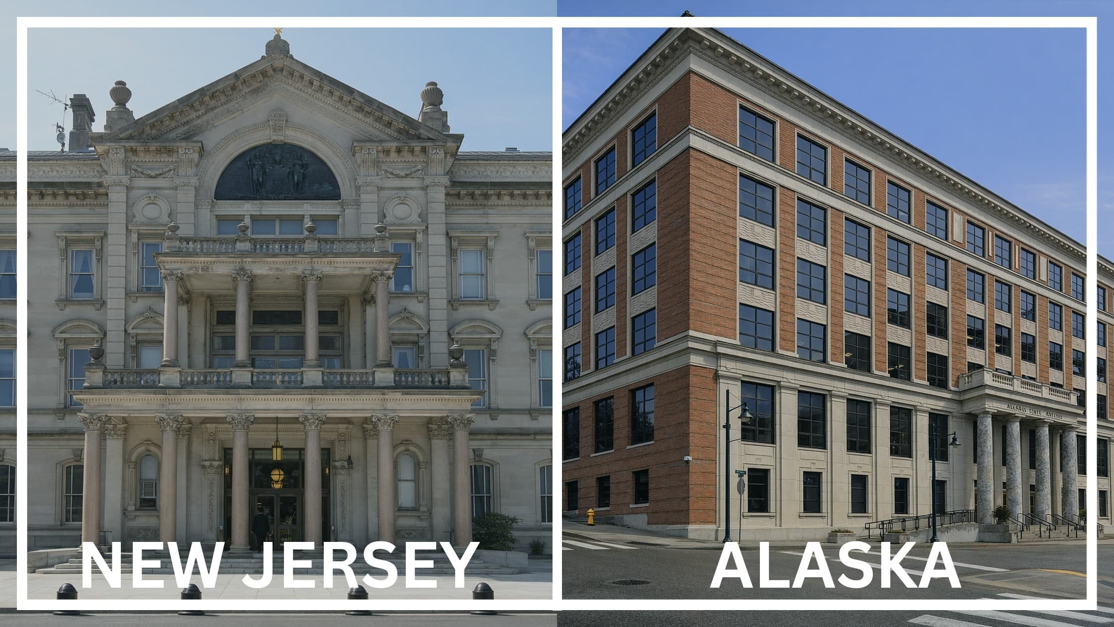 Comparing the state capitol buildings between New Jersey and Alaska.