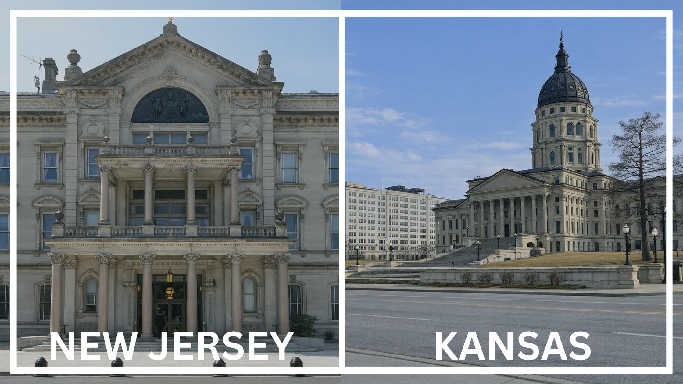 Comparing the state capitol buildings between New Jersey and Kansas.