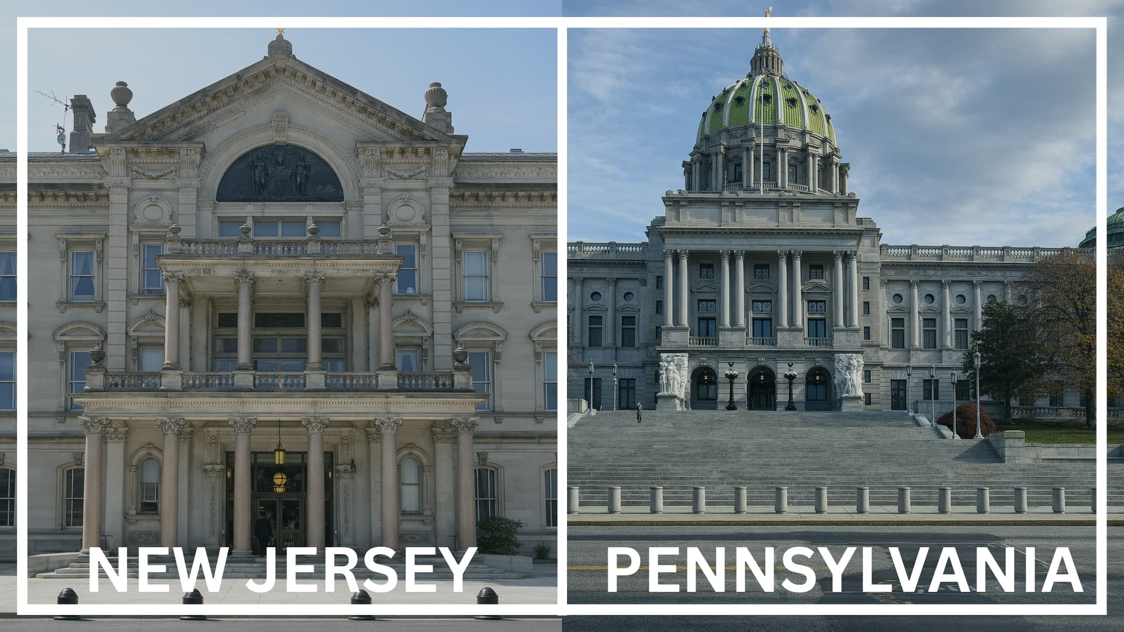 Comparing the state capitol buildings between New Jersey and Pennsylvania.